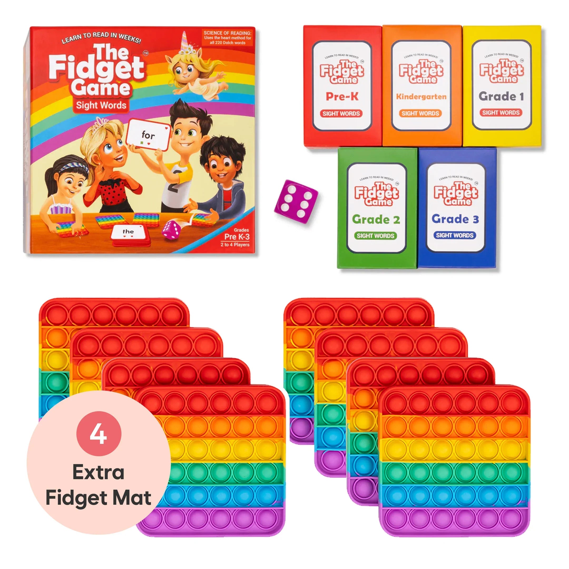 The Fidget Game: Sight Words Edition includes a colorful game box, sight word cards for grades Pre-K to 3, and four rainbow f