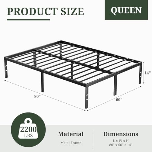 Queen Size Bed Frame, 14 Inch Metal Platform Bed Frames with Heavy Duty Steel Slat Support, No Box Spring Needed, Easy Assembly, Under Bed Storage