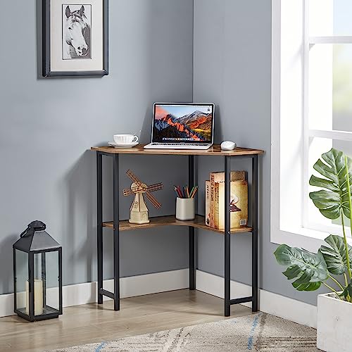 VECELO Corner Computer Desk 41x30 inches with Charging Station & Keyboard & Storage Shelves for Small Space,Triangle Table for Home Office Bedroom,Black