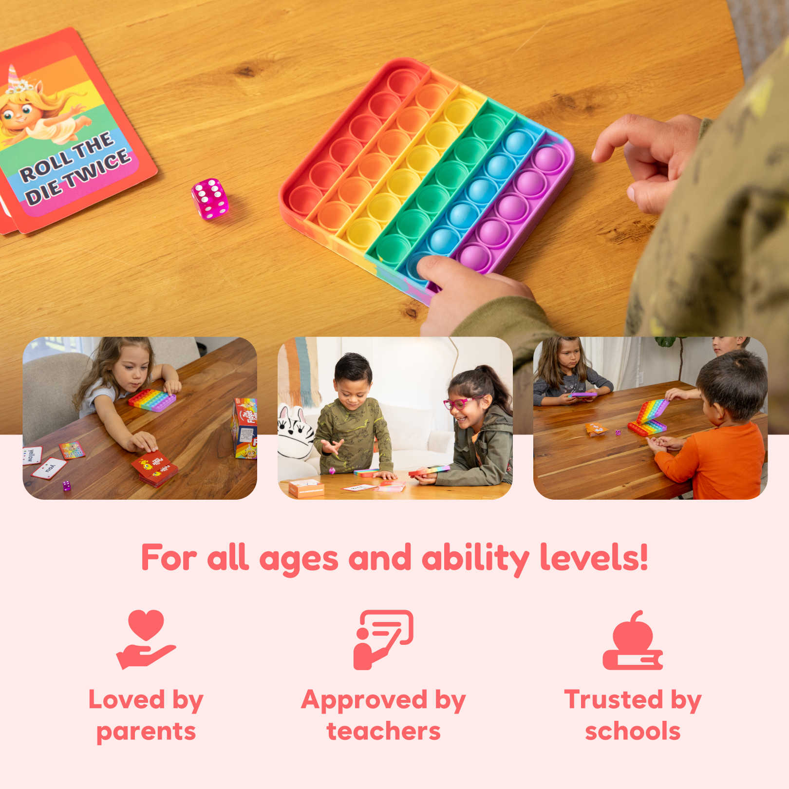 The Fidget Game: Sight Words Edition features a colorful pop-it board, dice, and children playing with it, promoting learning