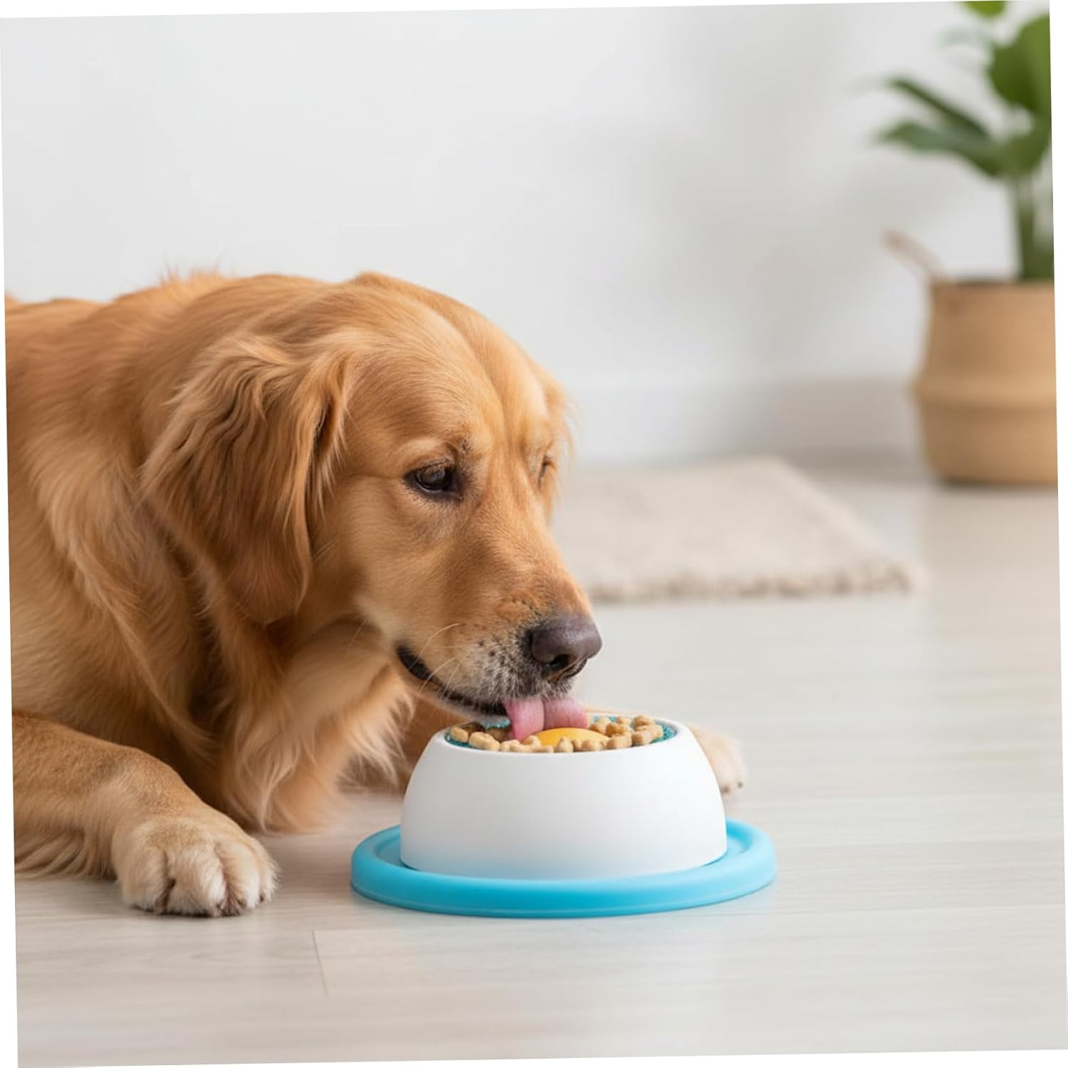 Golden retriever using a slow feeder pet bowl designed for liquid treats, set on a light-colored floor with a cozy background