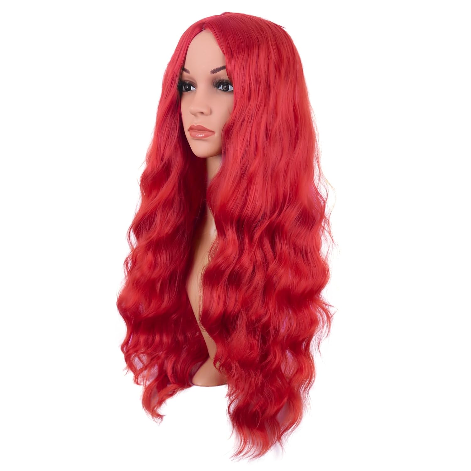 MapofBeauty 28 Inch/70 cm Long Wavy Middle Part with No Bangs Synthetic Fiber Curly Fashion Women Party Cosplay Wig (Bright Red)