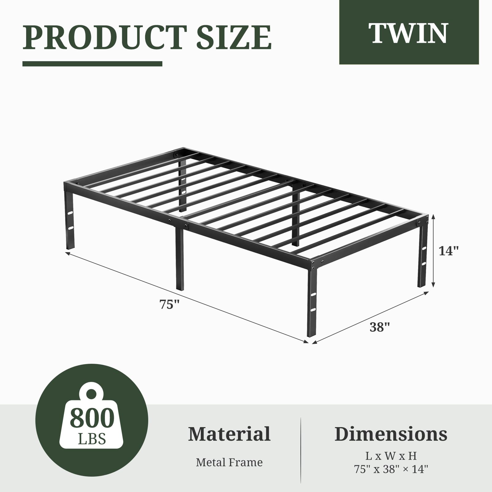 Queen Size Bed Frame, 14 Inch Metal Platform Bed Frames with Heavy Duty Steel Slat Support, No Box Spring Needed, Easy Assembly, Under Bed Storage