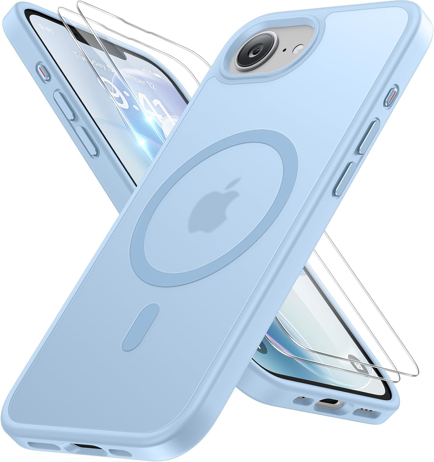 iPhone 16e 17e MagSafe case in blue color with transparent screen protectors, highlighting its design and functionality.