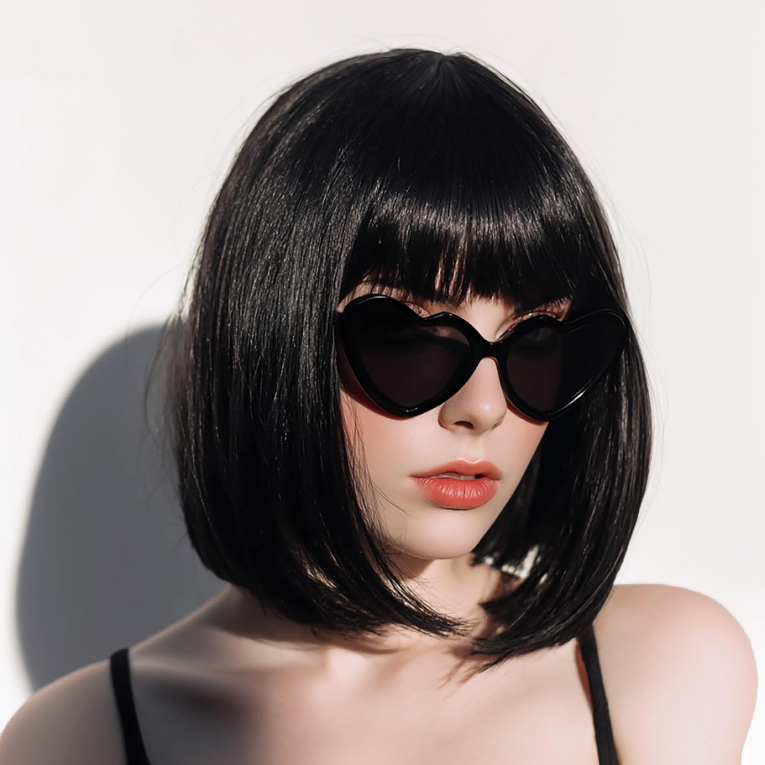 Black Bob Wig with Bangs, 12 Inch Straight Short Bob Wig, Natural Looking,Heat Resistant Synthetic,Adjustable Straps Wigs for Women Daily Wear and Party,with 2 Free Wig Caps