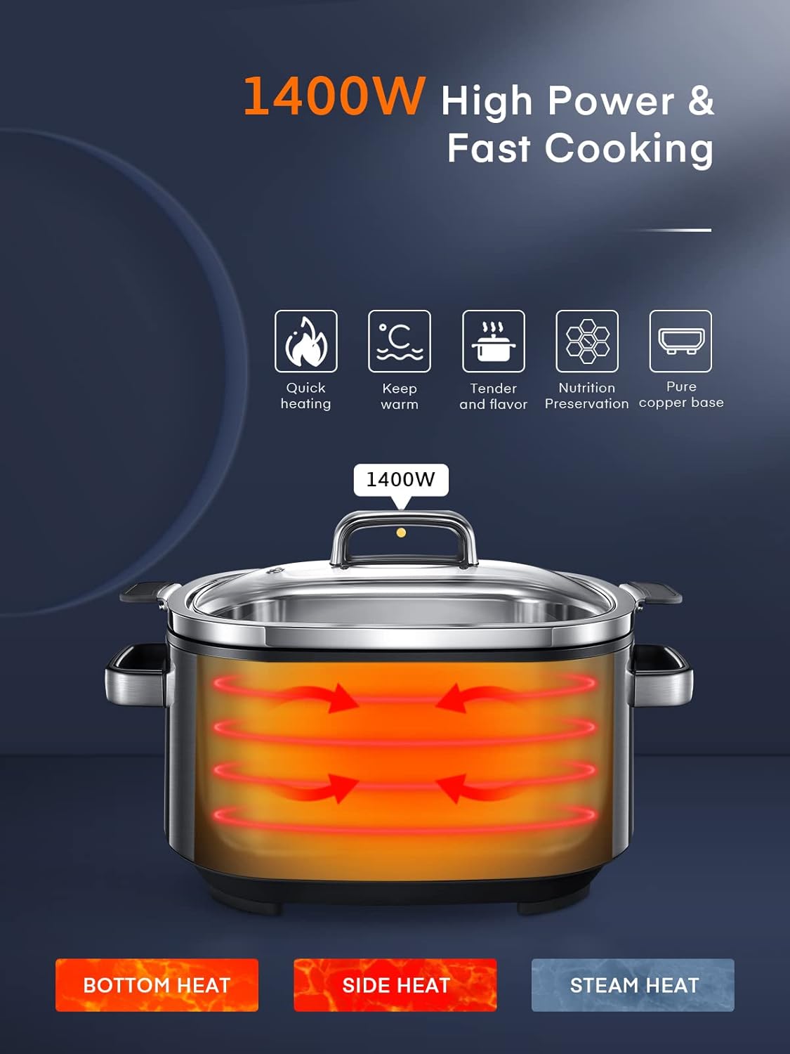 HOUSNAT Slow Cooker, 10 in 1 Programmable Cooker, 304 Stainless Steel Rice Cookers 6QT, Yogurt Maker, Delay Start, Adjustable Temp& Digital Time for Large Families or Entertaining