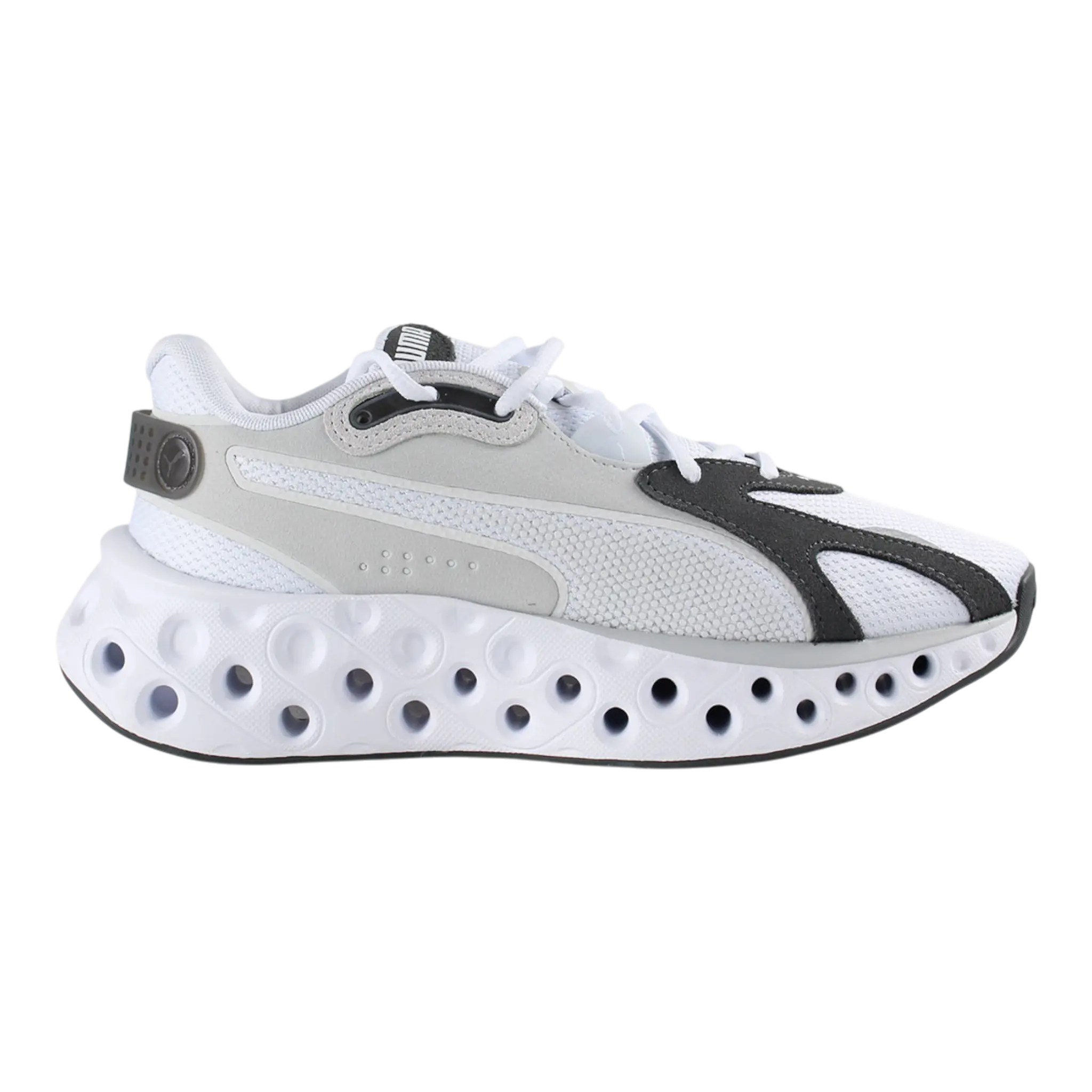 Puma Softride Frequence Men Running Shoes in white and feather gray with a unique cushioned sole design.
