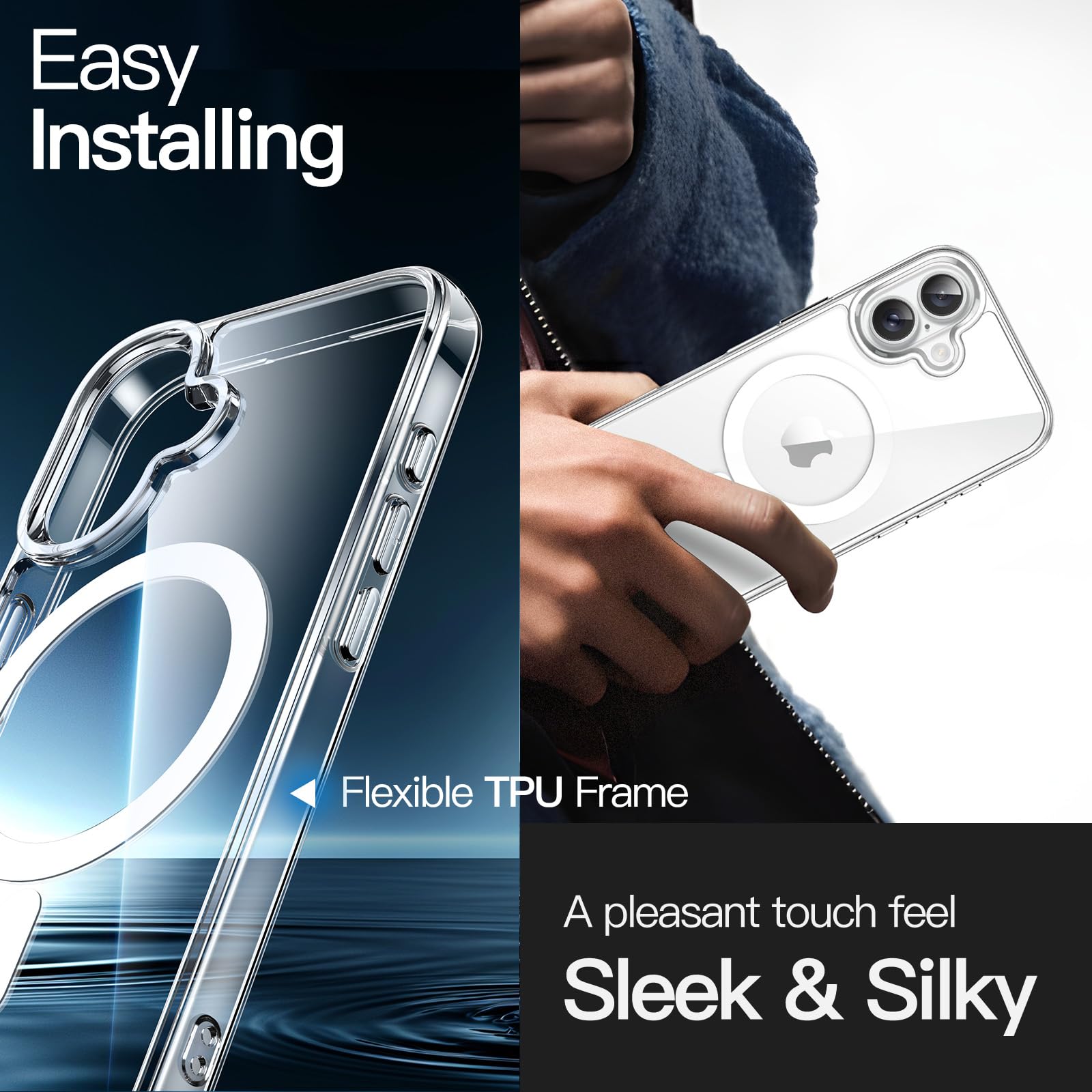 premium aplus module features iPhone with clear case showcasing MagSafe compatibility and sleek design.