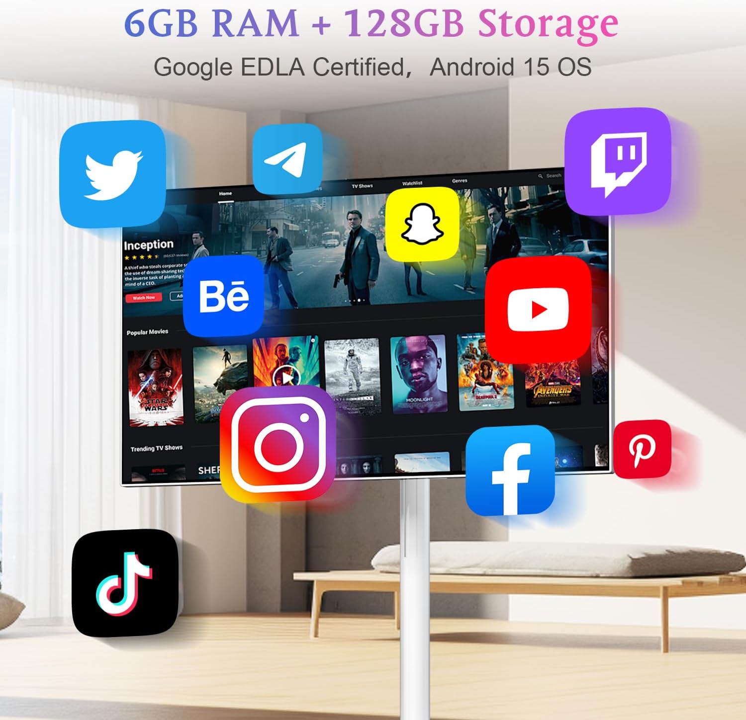Portable smart TV on wheels with 6GB RAM and 128GB stoportable smart TV on wheelsrage, featuring app icons for streaming and social media.