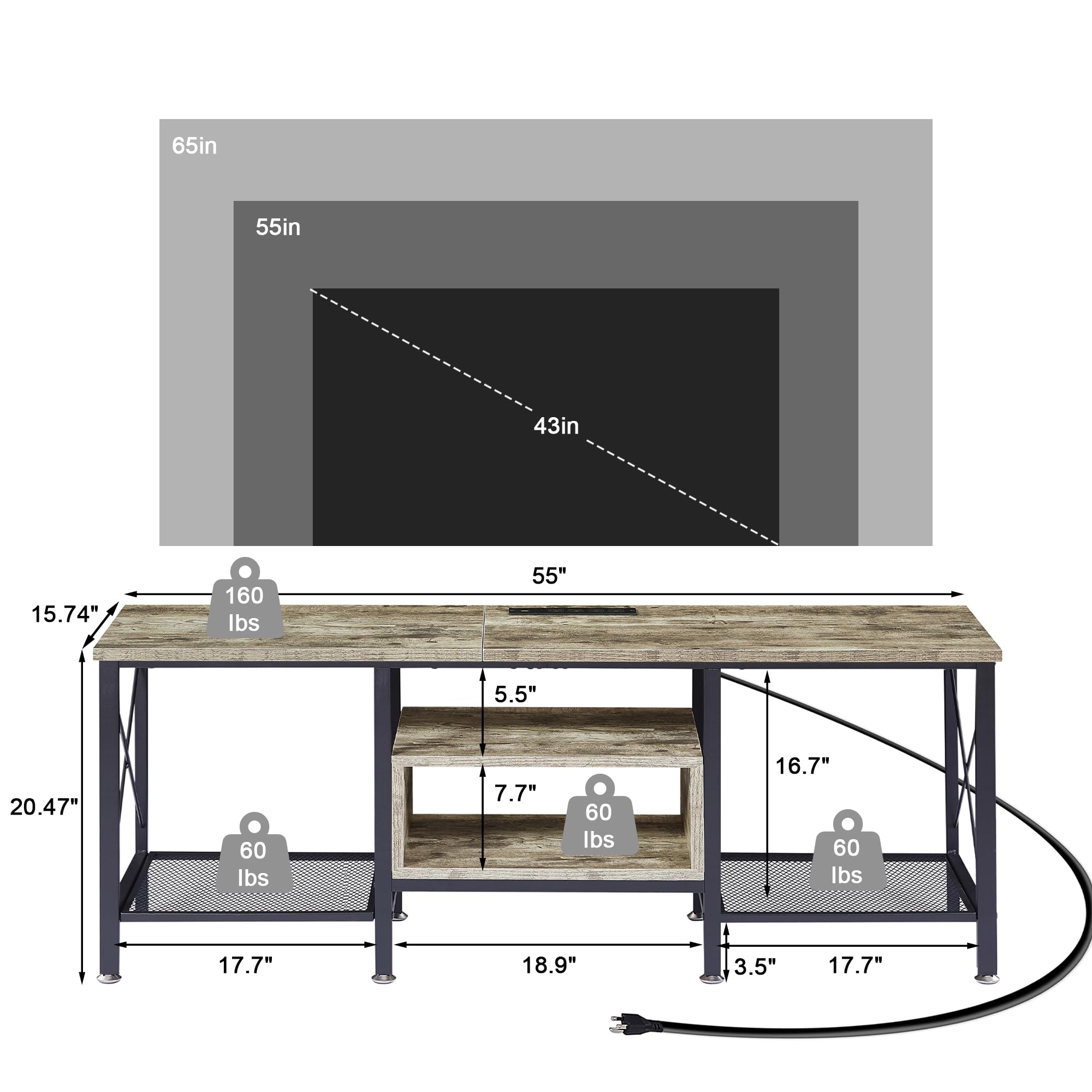 VECELO TV Stand with Power Outlets for 65 Inch Industria Media Entertainment Center with Charging Station, 3-Tier Open Shelves & Metal Frame for Living Room, Bedroom, 55 Inch, Brown
