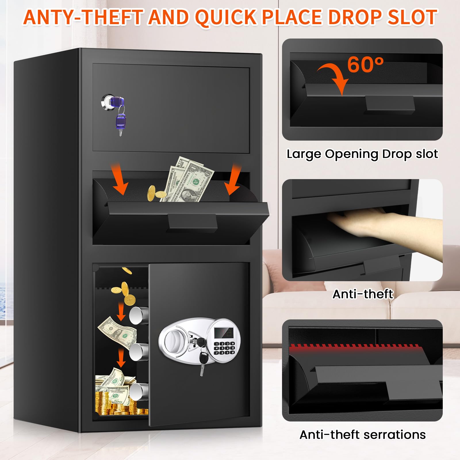 5.8 CU FT Extra Large Drop Safe for Business, Anti-Theft Money Drop Slot Safes with Digital Keypad and Spare Keys, Heavy Duty Depository Safe for Home Office Retail Store Business Mail Church