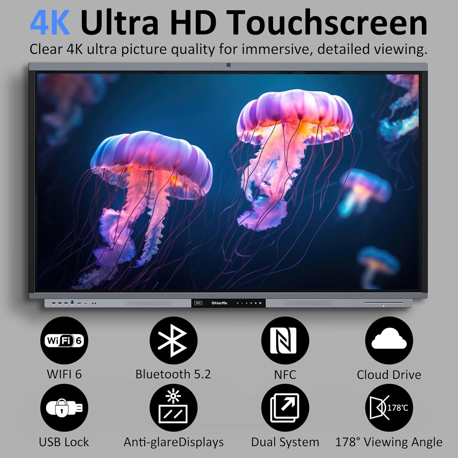 Shiarffe R9 Smart Board 65 Inch 4K Interactive Whiteboard Google EDLA-Certified All-in-One Touchscreen Digital Display Built-in 50MP AI Camera Mics and 60W Speaker for Classrom Hybrid Work