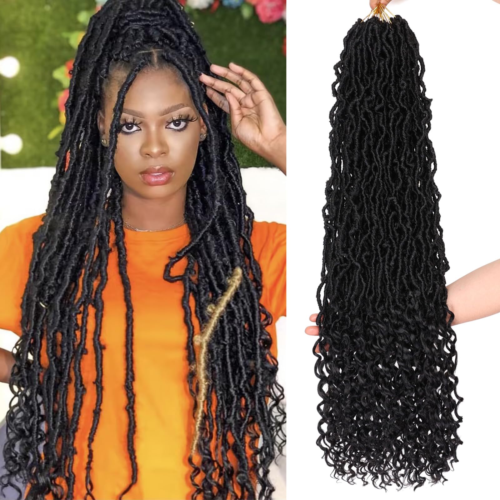 Leeven 7 Packs Faux Locs With Curly Ends 18 Inch Pre-looped Goddess Locs Crochet Hair 84 Strands Natural Black Crochet Bohemian Soft Locs Braiding Hair Extensions With Curls for Women 1B