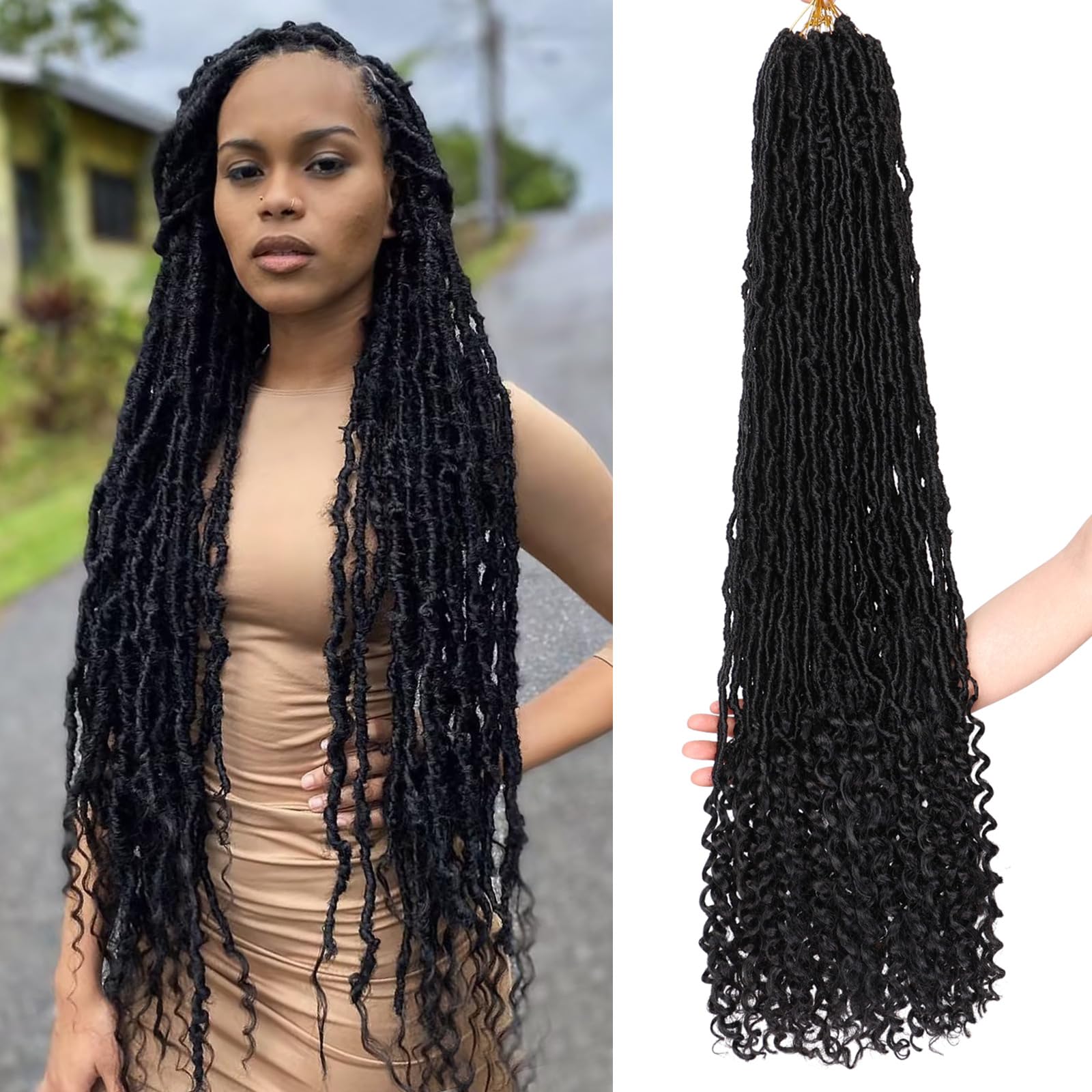 Leeven 7 Packs Faux Locs With Curly Ends 18 Inch Pre-looped Goddess Locs Crochet Hair 84 Strands Natural Black Crochet Bohemian Soft Locs Braiding Hair Extensions With Curls for Women 1B