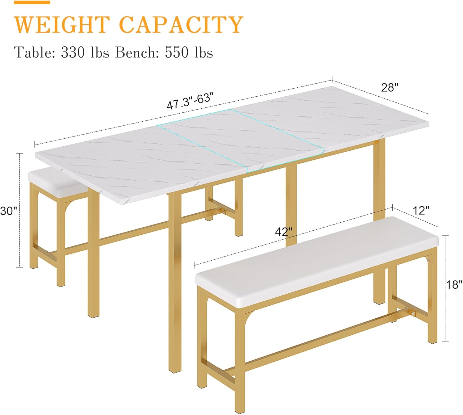 VECELO 3-Piece 63" Extendable Kitchen Table with Benches/Chairs, Modern Breakfast Dinette/Dining Room Set for 4/6/2, Small Space Saving Design, Easy Assembly