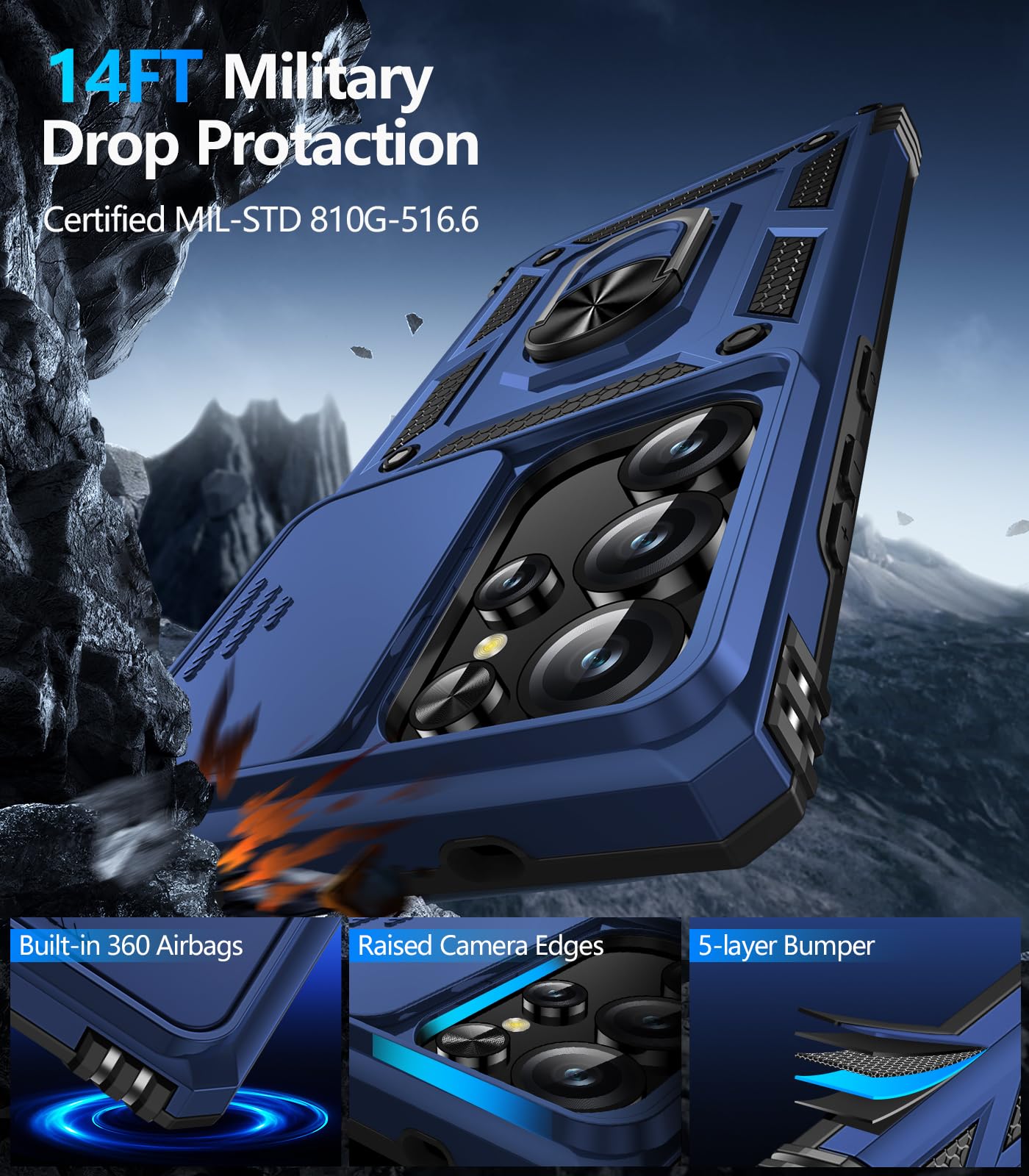 Samsung Galaxy S26 Ultra case with screen protector featuring 14FT military drop protection and built-in 360 airbags.