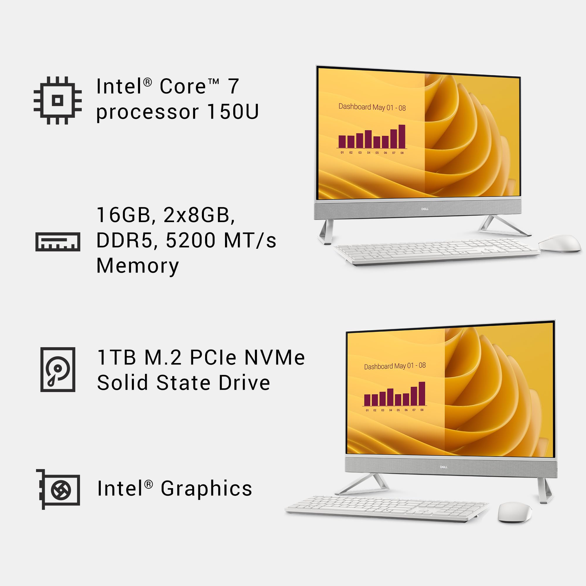 Dell 27 All-in-One Desktop ec27250-27-inch FHD (1920 x 1080) Display, Intel Core 5 Processor 120U, Intel Graphics, 16GB DDR5 RAM, 512GB SSD, Windows 11 Home, Onsite Service - White