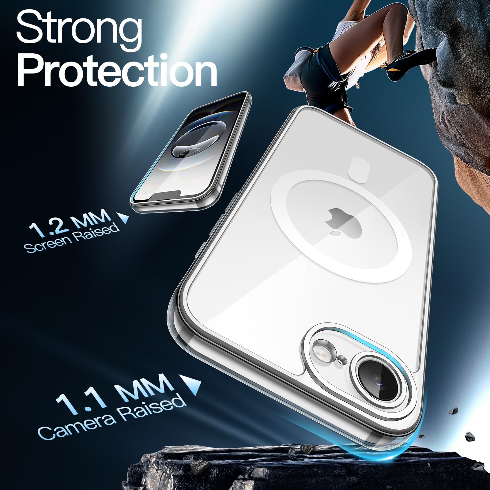 premium aplus module features iPhone with clear case showcasing MagSafe compatibility and sleek design.