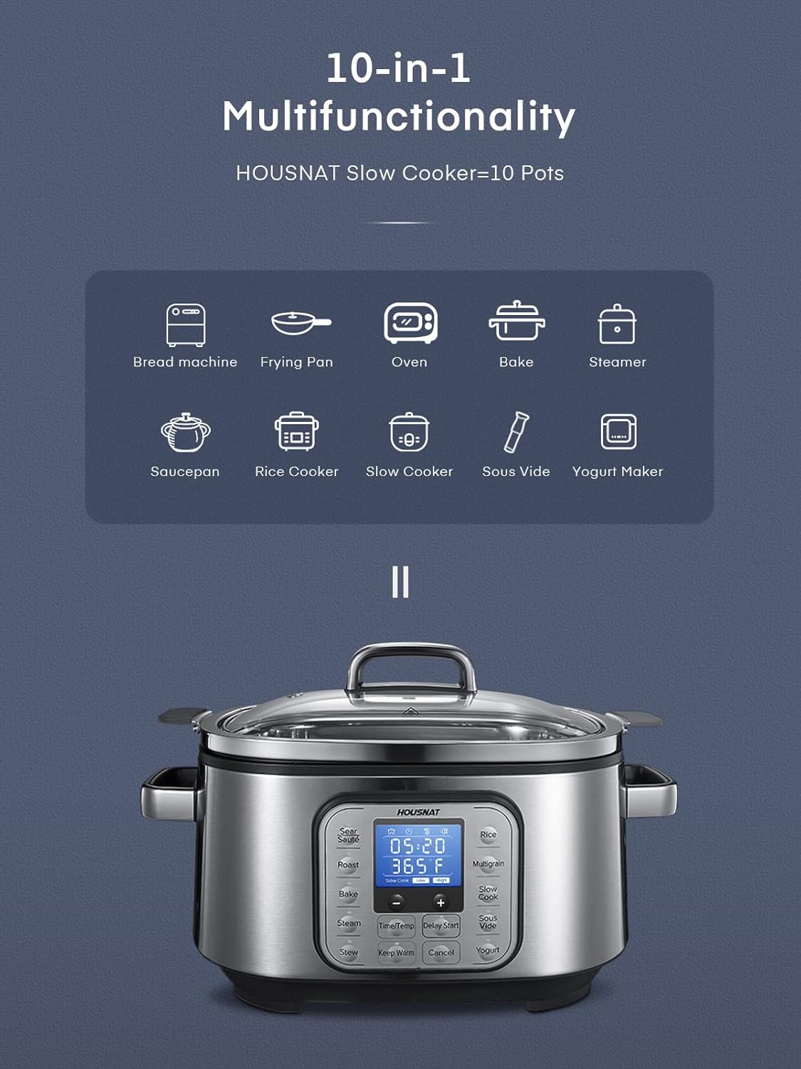 HOUSNAT Slow Cooker, 10 in 1 Programmable Cooker, 304 Stainless Steel Rice Cookers 6QT, Yogurt Maker, Delay Start, Adjustable Temp& Digital Time for Large Families or Entertaining