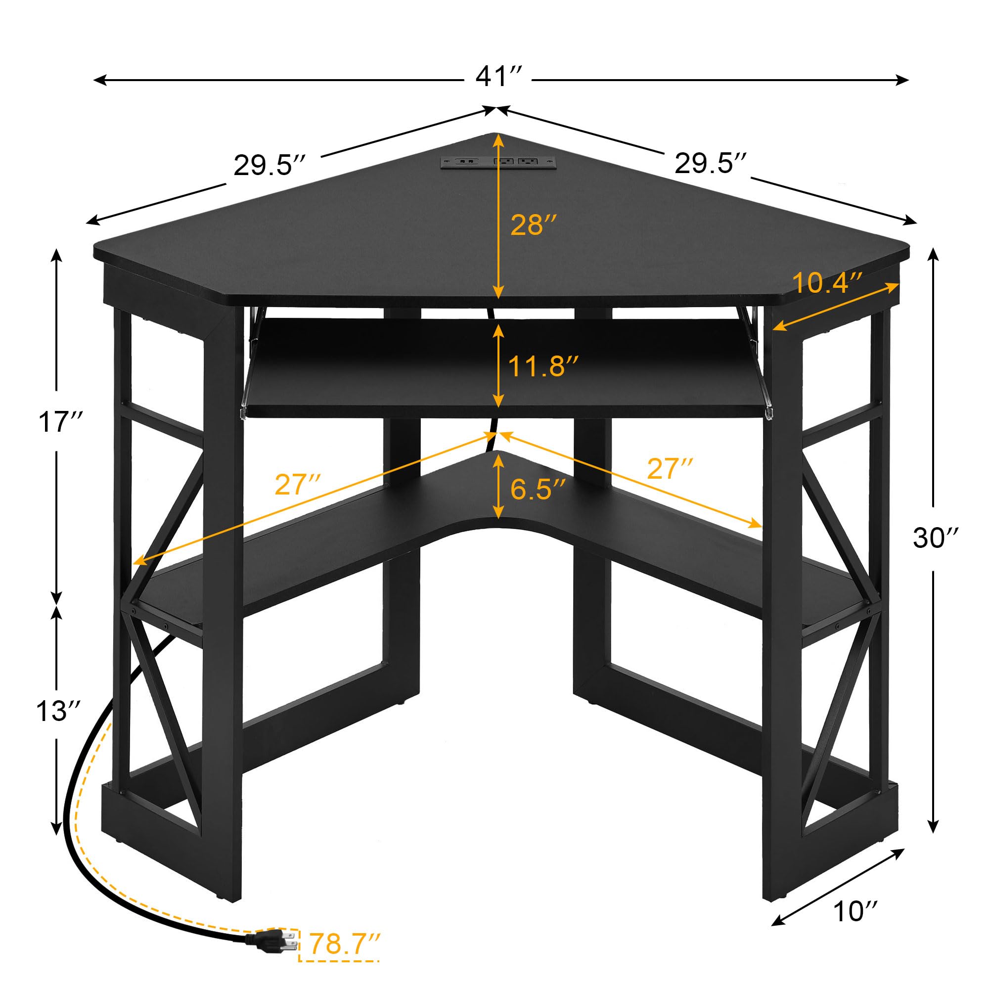 VECELO Corner Computer Desk 41x30 inches with Charging Station & Keyboard & Storage Shelves for Small Space,Triangle Table for Home Office Bedroom,Black