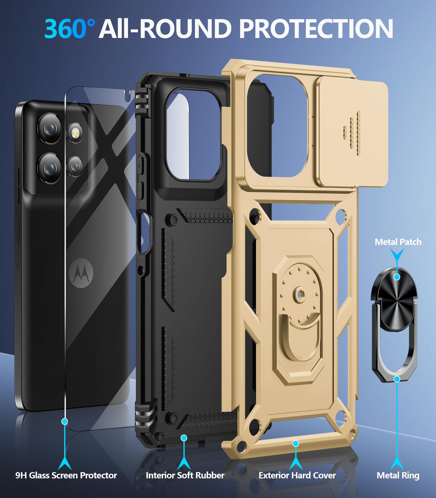 Samsung Galaxy S26 Ultra case with screen protector showcasing 360-degree protection features and material details.