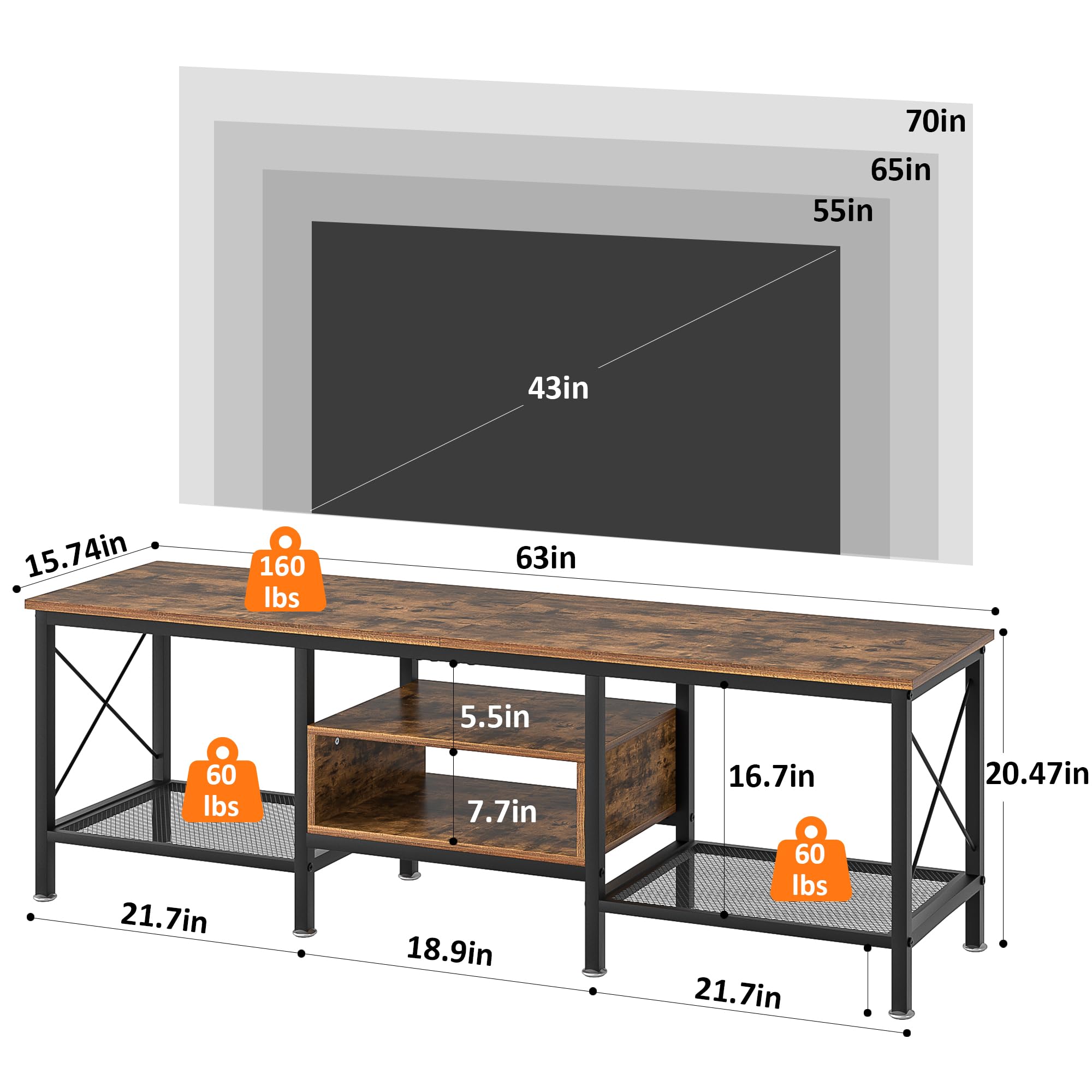 VECELO TV Stand with Power Outlets for 65 Inch Industria Media Entertainment Center with Charging Station, 3-Tier Open Shelves & Metal Frame for Living Room, Bedroom, 55 Inch, Brown