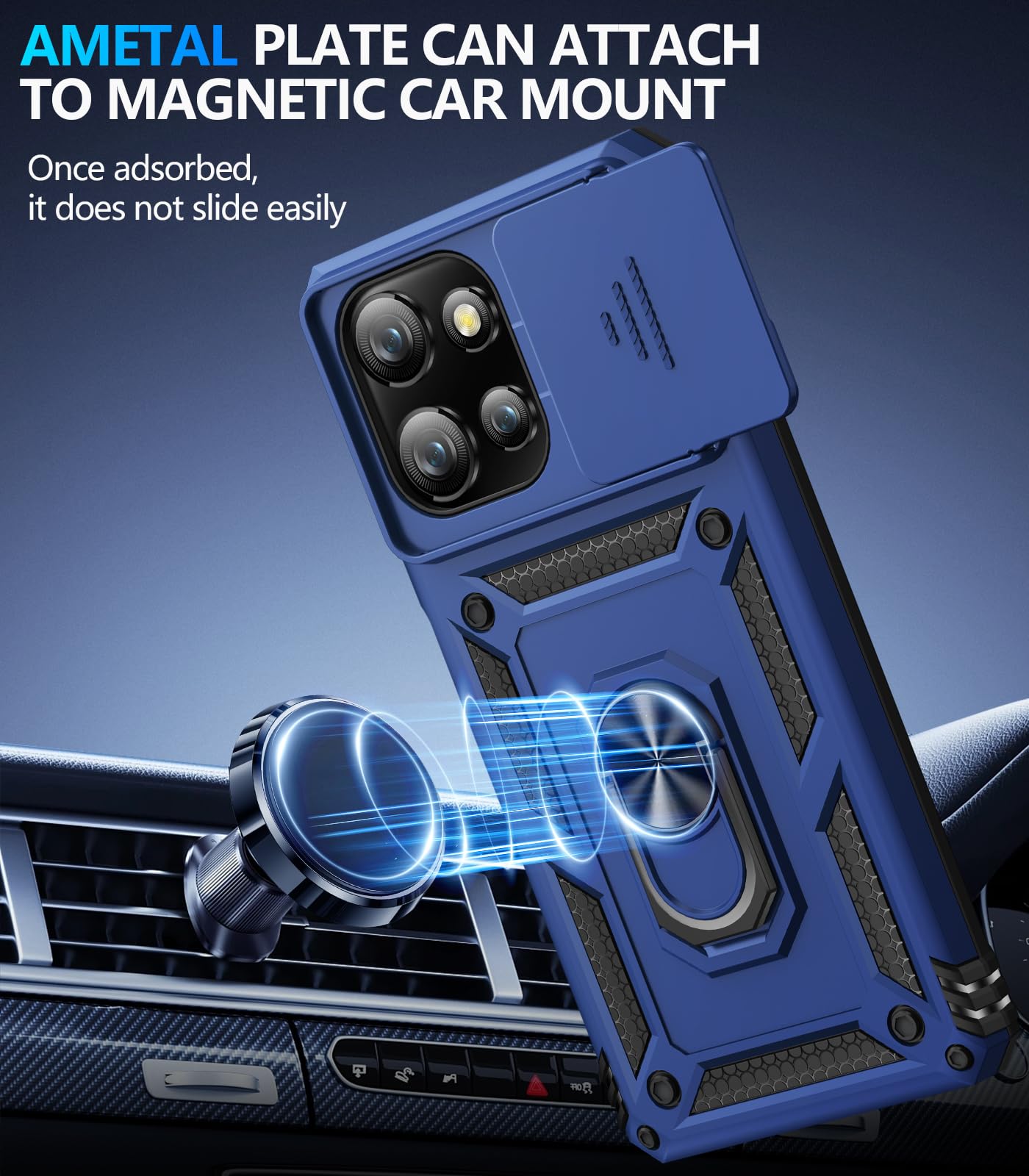 Samsung Galaxy S26 Ultra case with screen protector, metal plate for magnetic car mount, blue design, secure fit.