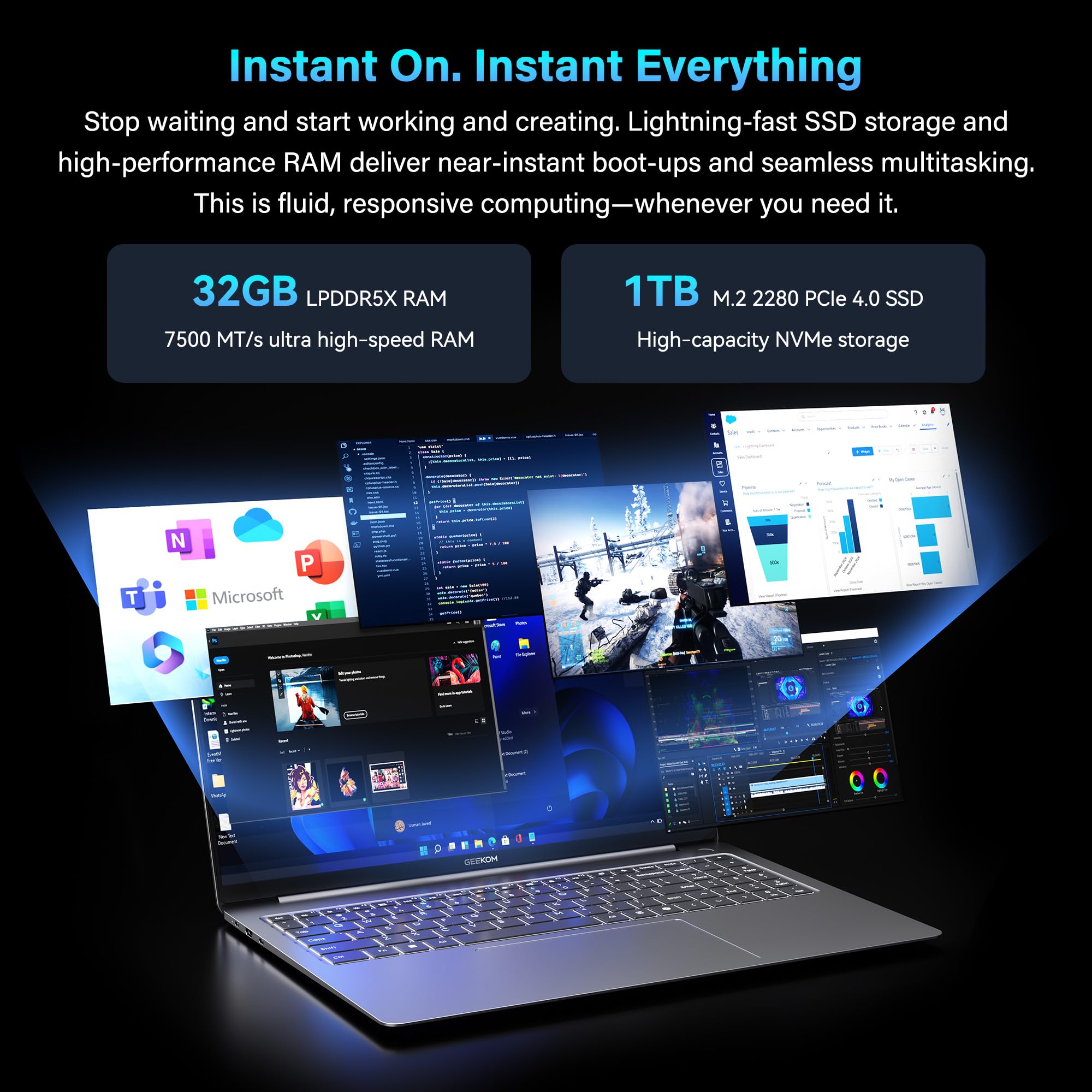 GEEKOM GeekBook X16 Pro 2.8 lbs Laptop, 16" IPS 2.5K 16:10 Laptop Computer, Ultra 9 185H, 32GB LPDDR5x 7500MHz RAM 2TB SSD, Up to 17 Hour, USB4, Fingerprint, Dual Fan, Copilot, Windows 11 Pro