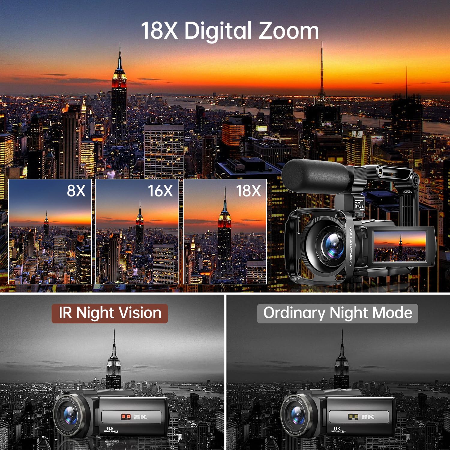 8K Video Camera Camcorder 88MP UHD WiFi Vlogging Cameras for YouTube 18X Digital Zoom IR Night Vision 3.0&