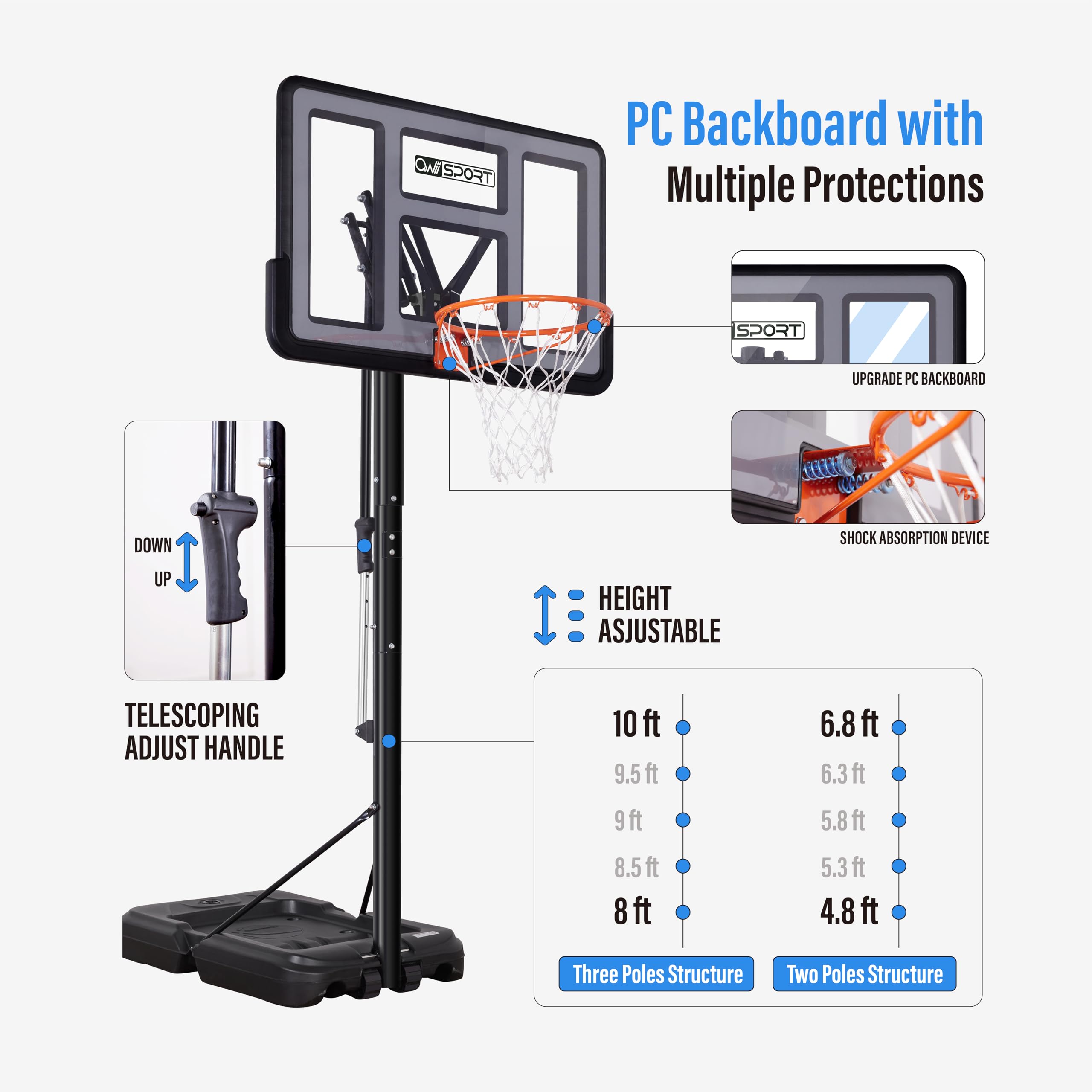 Basketball Hoop Outdoor Protable 44/48 Inch Impact Backboard, 4.8-10FT Height Adjustable Basketball Hoop Goal System with Wheels for Adults
