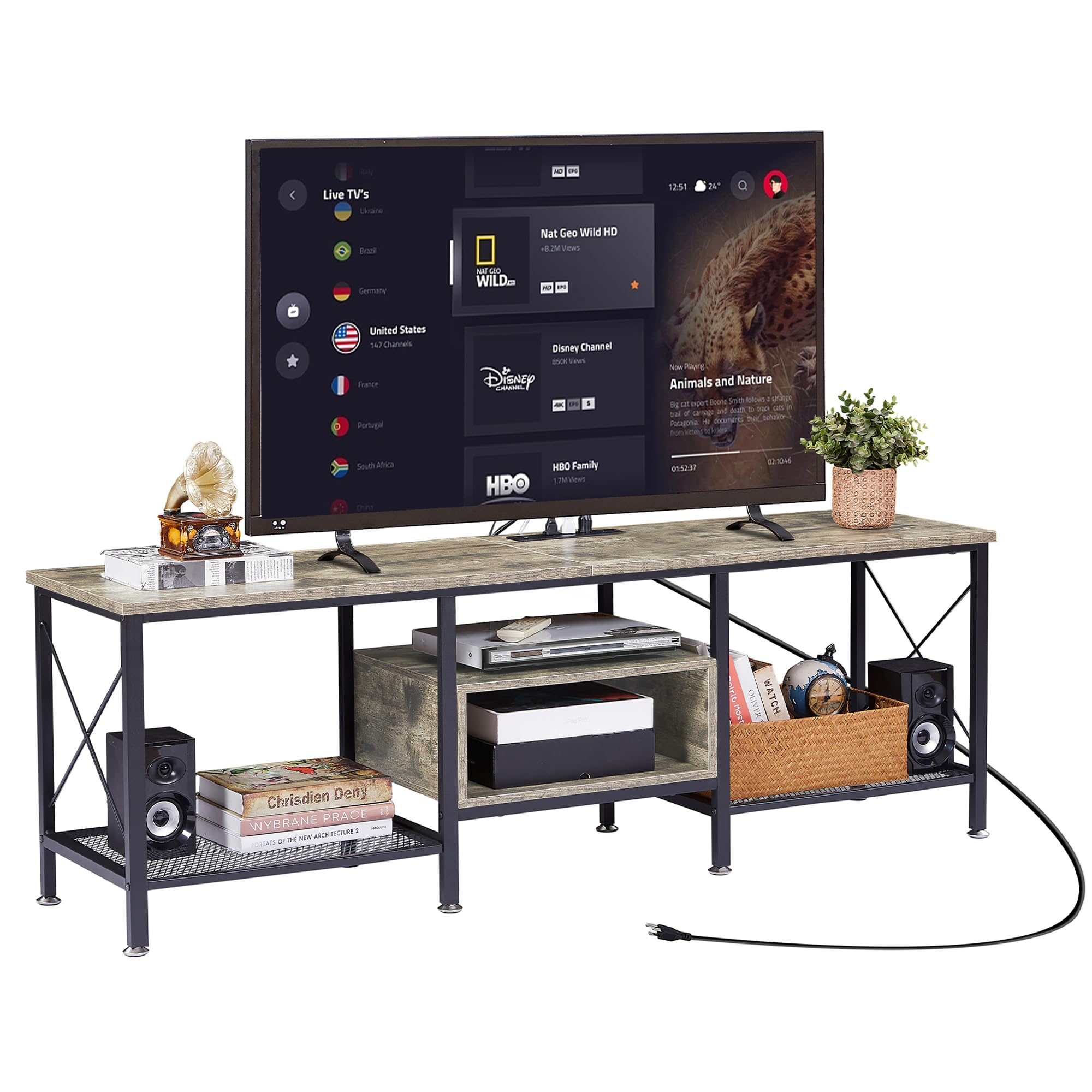 VECELO TV Stand with Power Outlets for 65 Inch Industria Media Entertainment Center with Charging Station, 3-Tier Open Shelves & Metal Frame for Living Room, Bedroom, 55 Inch, Brown