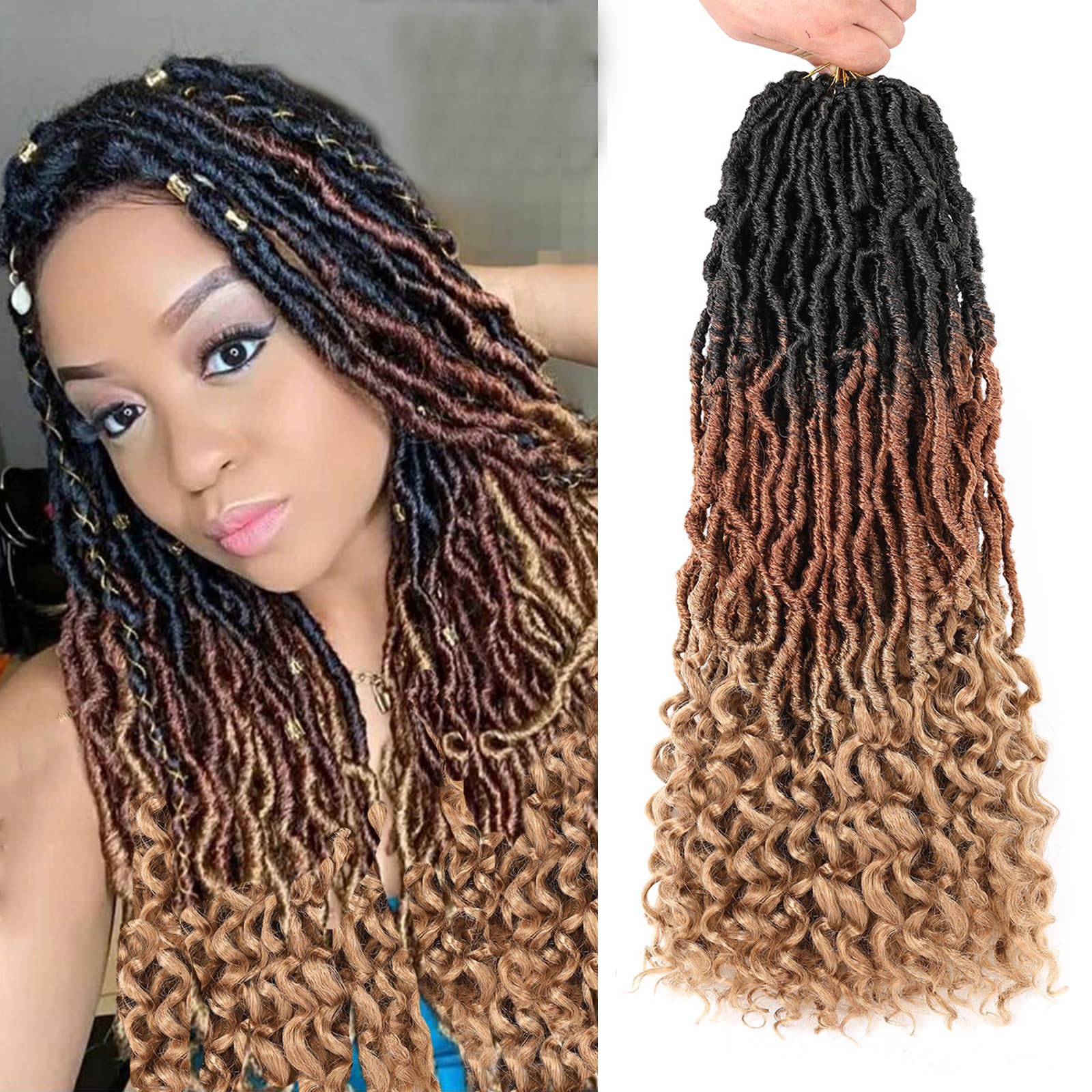 Leeven 7 Packs Faux Locs With Curly Ends 18 Inch Pre-looped Goddess Locs Crochet Hair 84 Strands Natural Black Crochet Bohemian Soft Locs Braiding Hair Extensions With Curls for Women 1B