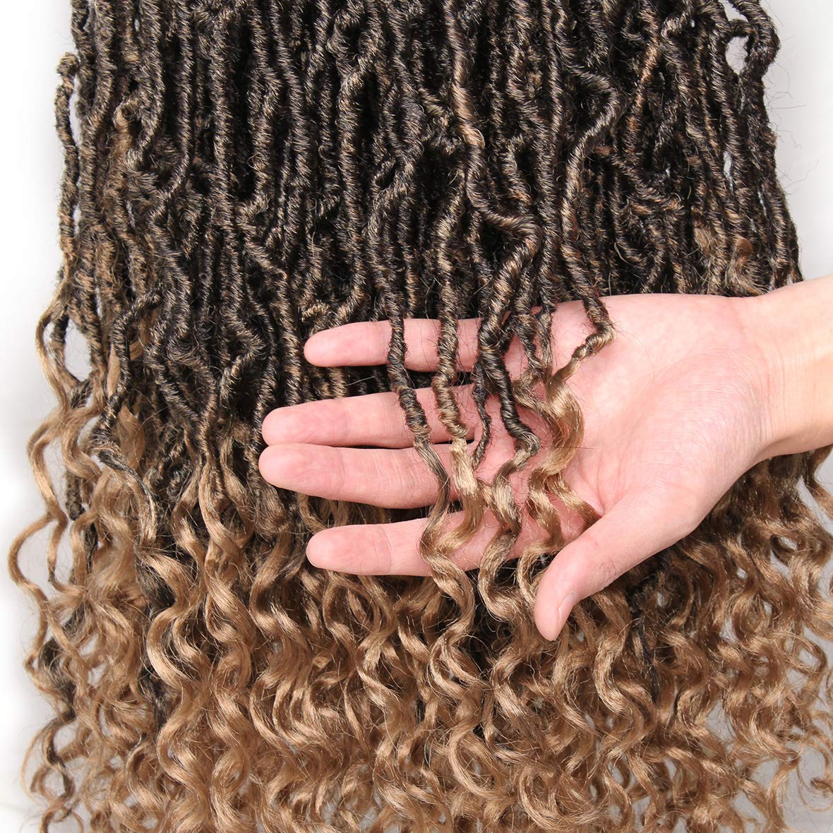 Leeven 7 Packs Faux Locs With Curly Ends 18 Inch Pre-looped Goddess Locs Crochet Hair 84 Strands Natural Black Crochet Bohemian Soft Locs Braiding Hair Extensions With Curls for Women 1B