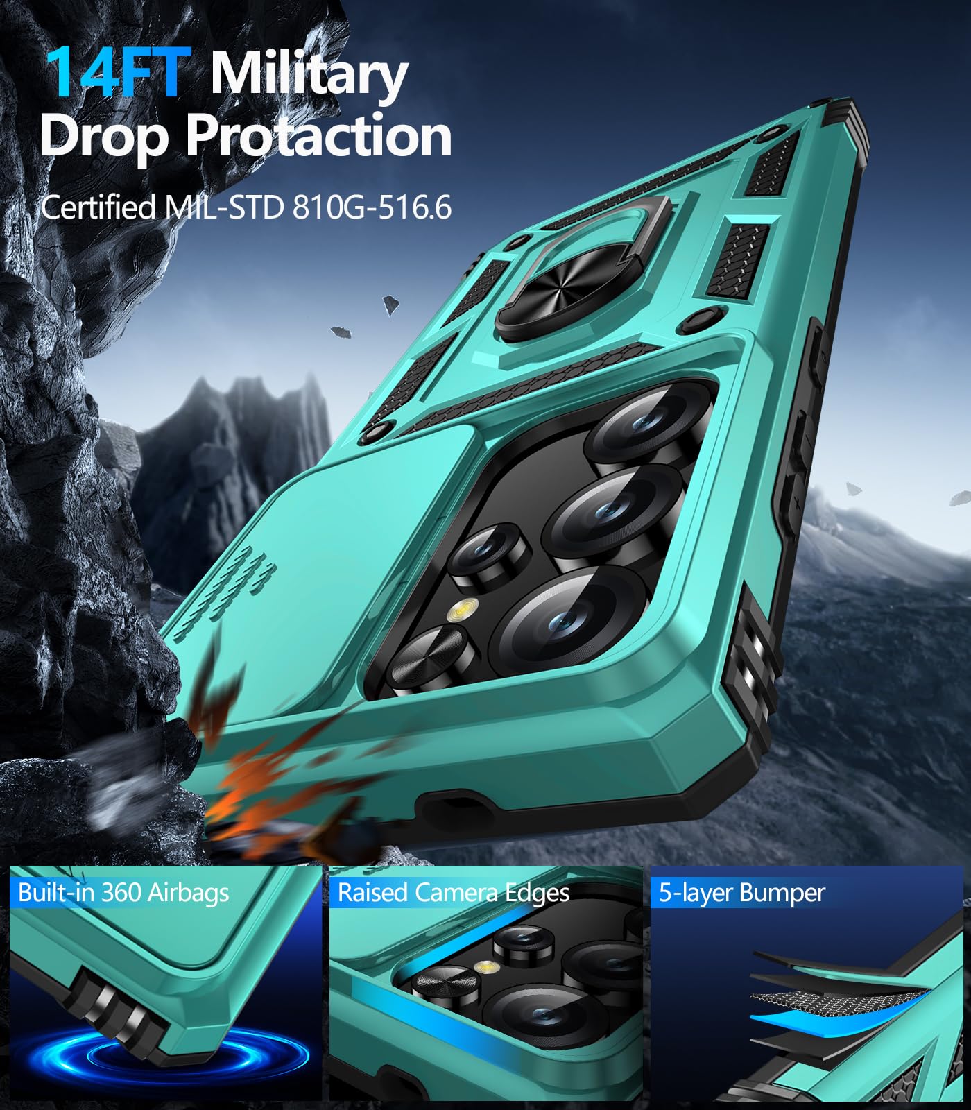 Samsung Galaxy S26 Ultra case with screen protector Taisaide S in aqua blue, showcasing military drop protection features.