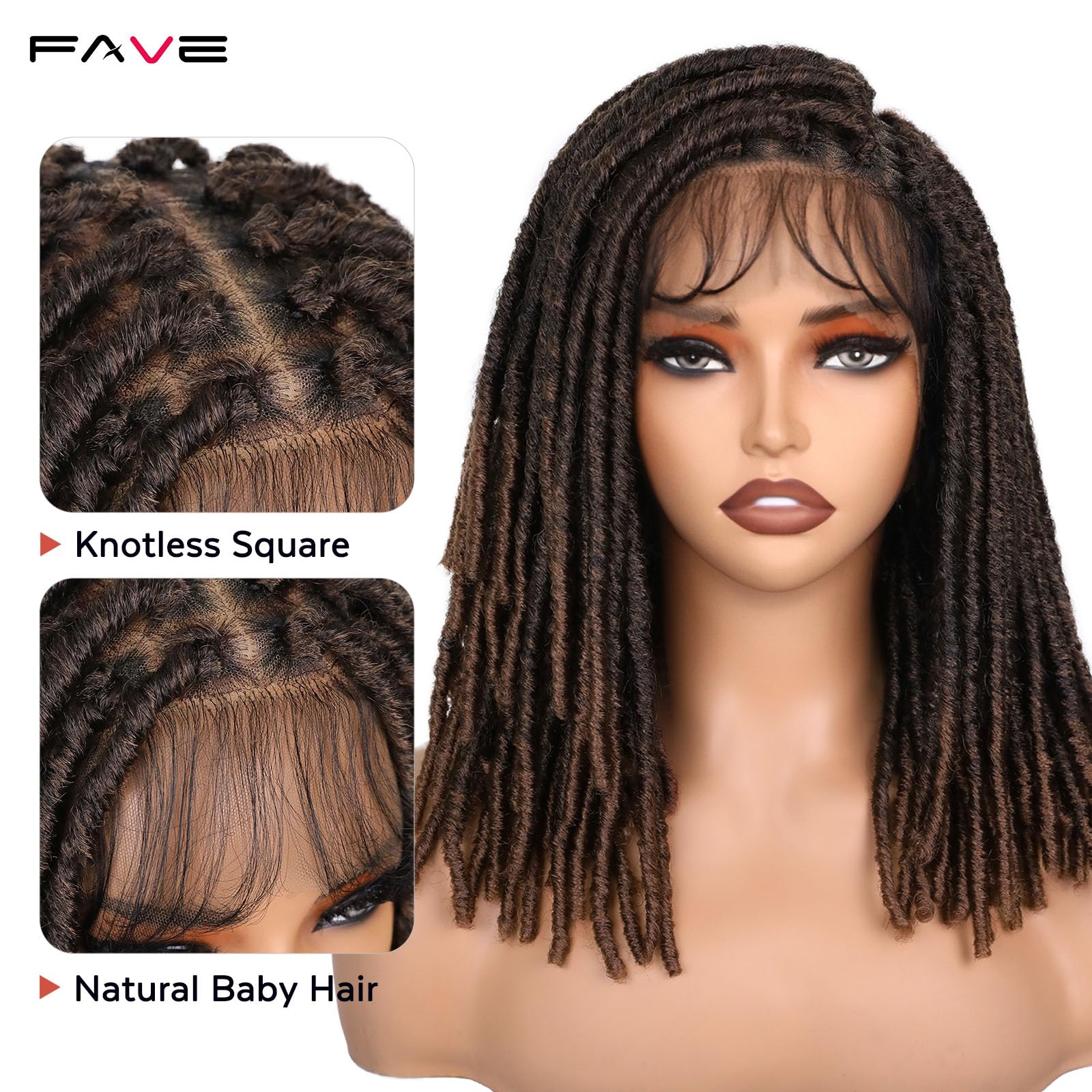 FAVE Soft Faux Locs Wig Synthetic Full Double Lace Dreadlock Wig Ombre Brown Braided Wigs for Black Women Dreads Wig for Women Natural Looking Part Free(Natural Color,280g)