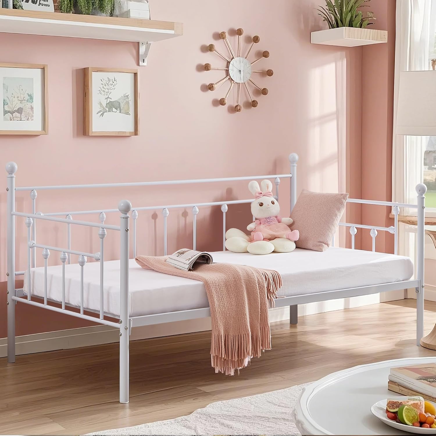 VECELO Daybed Frame, Twin Size Metal Platform Bed with Headboard,Heavy Duty Steel Slats Support for Living Room Bedroom Guest Room, Easy Assembly
