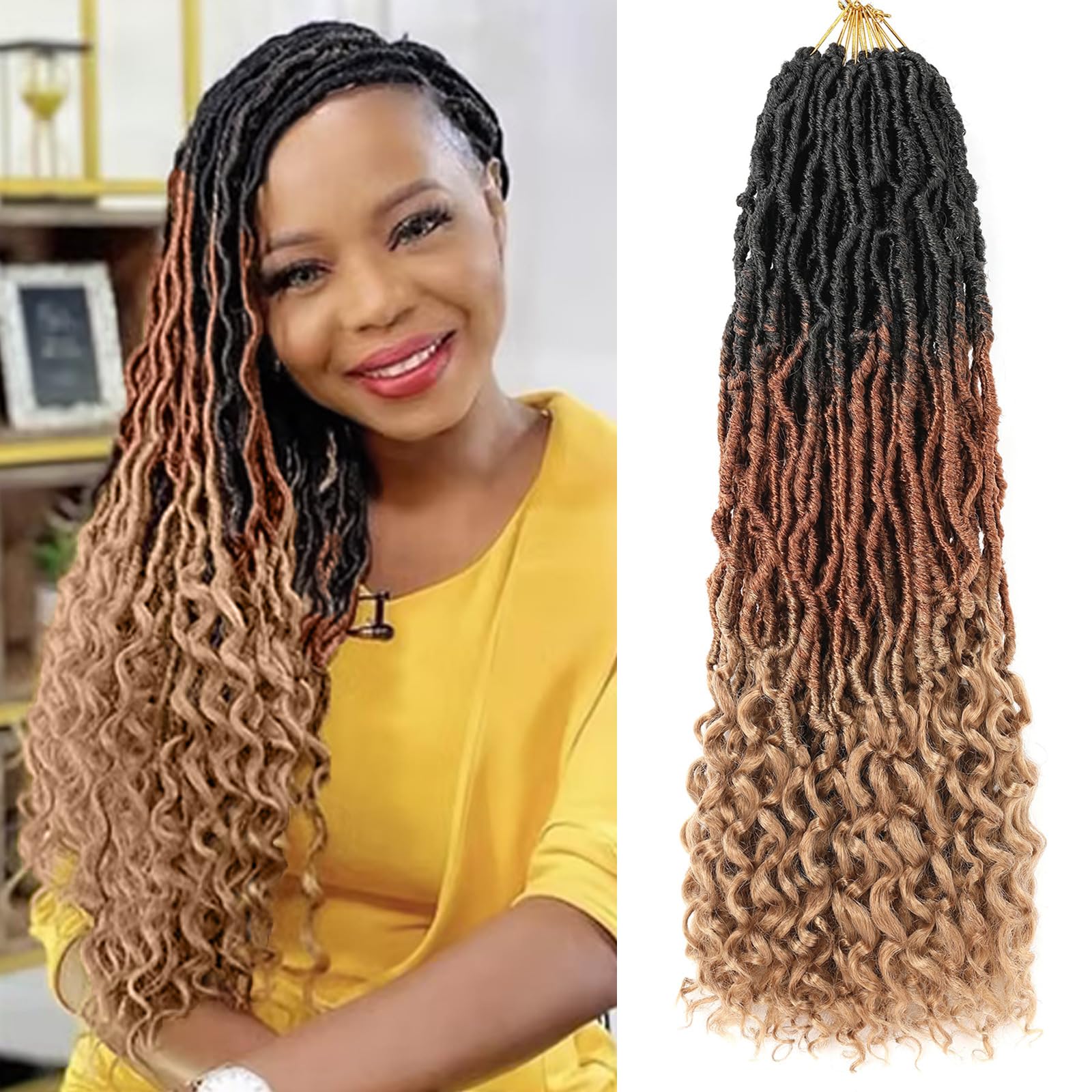 Leeven 7 Packs Faux Locs With Curly Ends 18 Inch Pre-looped Goddess Locs Crochet Hair 84 Strands Natural Black Crochet Bohemian Soft Locs Braiding Hair Extensions With Curls for Women 1B