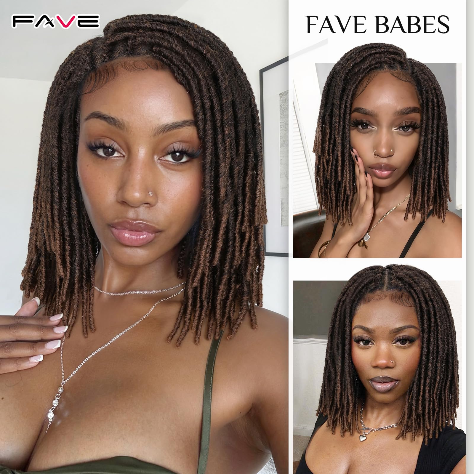 FAVE Soft Faux Locs Wig Synthetic Full Double Lace Dreadlock Wig Ombre Brown Braided Wigs for Black Women Dreads Wig for Women Natural Looking Part Free(Natural Color,280g)