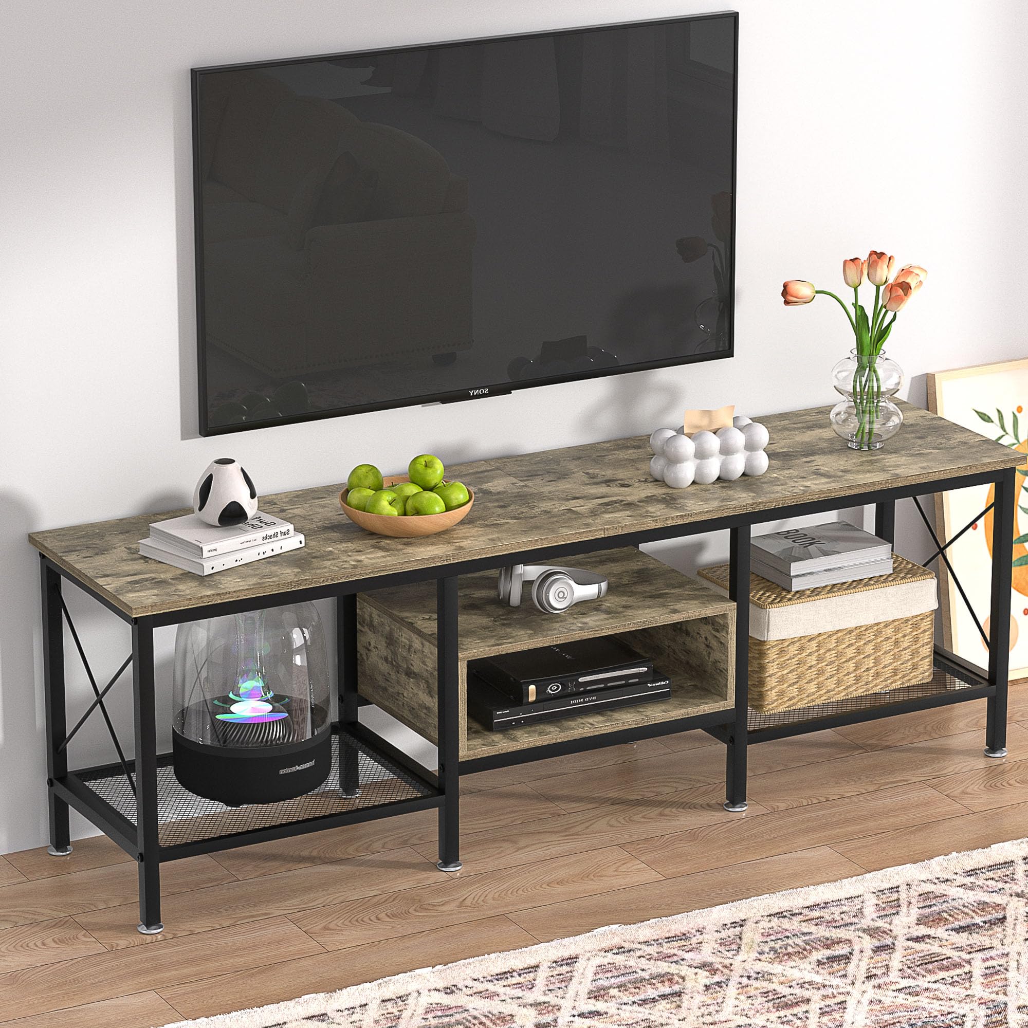 VECELO TV Stand with Power Outlets for 65 Inch Industria Media Entertainment Center with Charging Station, 3-Tier Open Shelves & Metal Frame for Living Room, Bedroom, 55 Inch, Brown