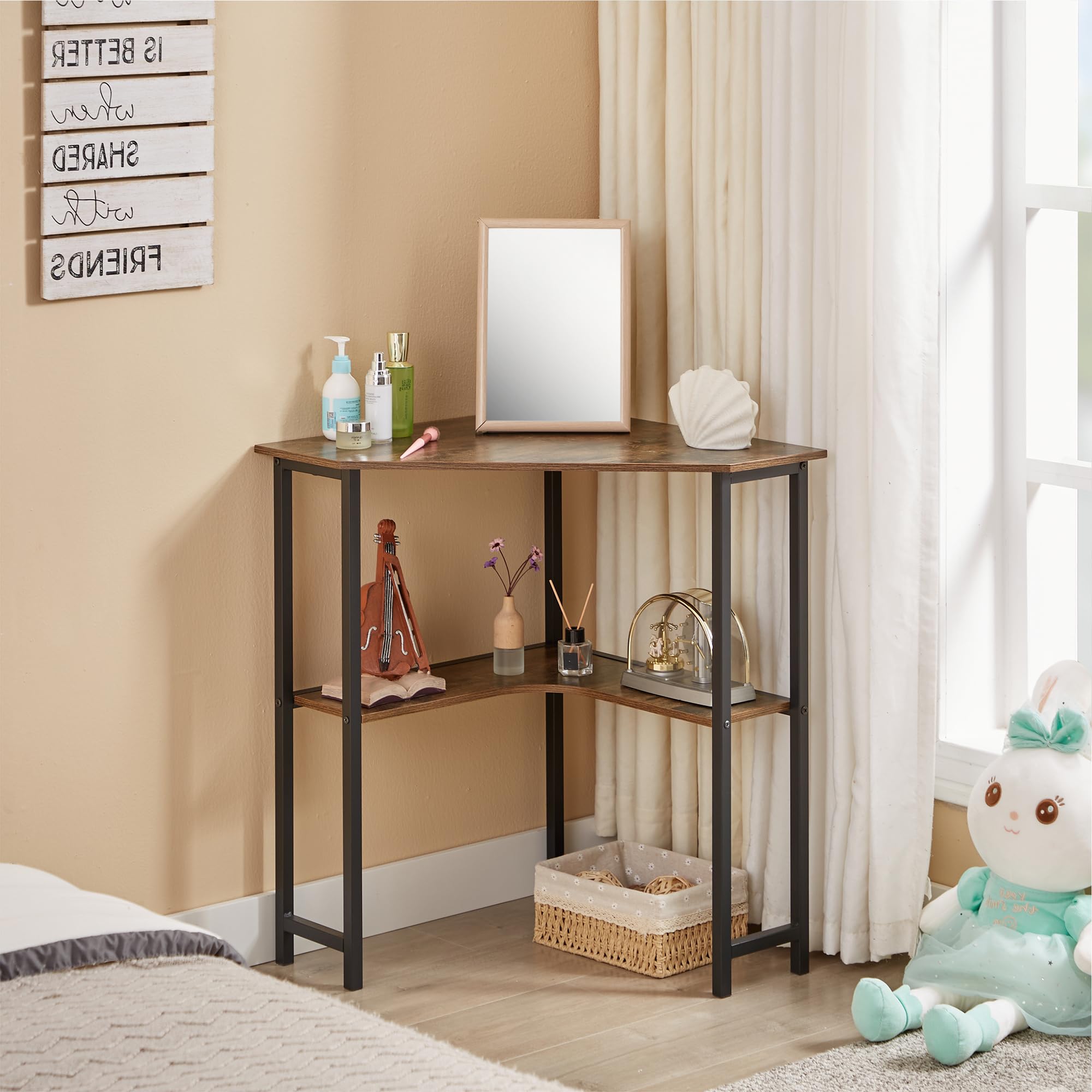 VECELO Corner Computer Desk 41x30 inches with Charging Station & Keyboard & Storage Shelves for Small Space,Triangle Table for Home Office Bedroom,Black