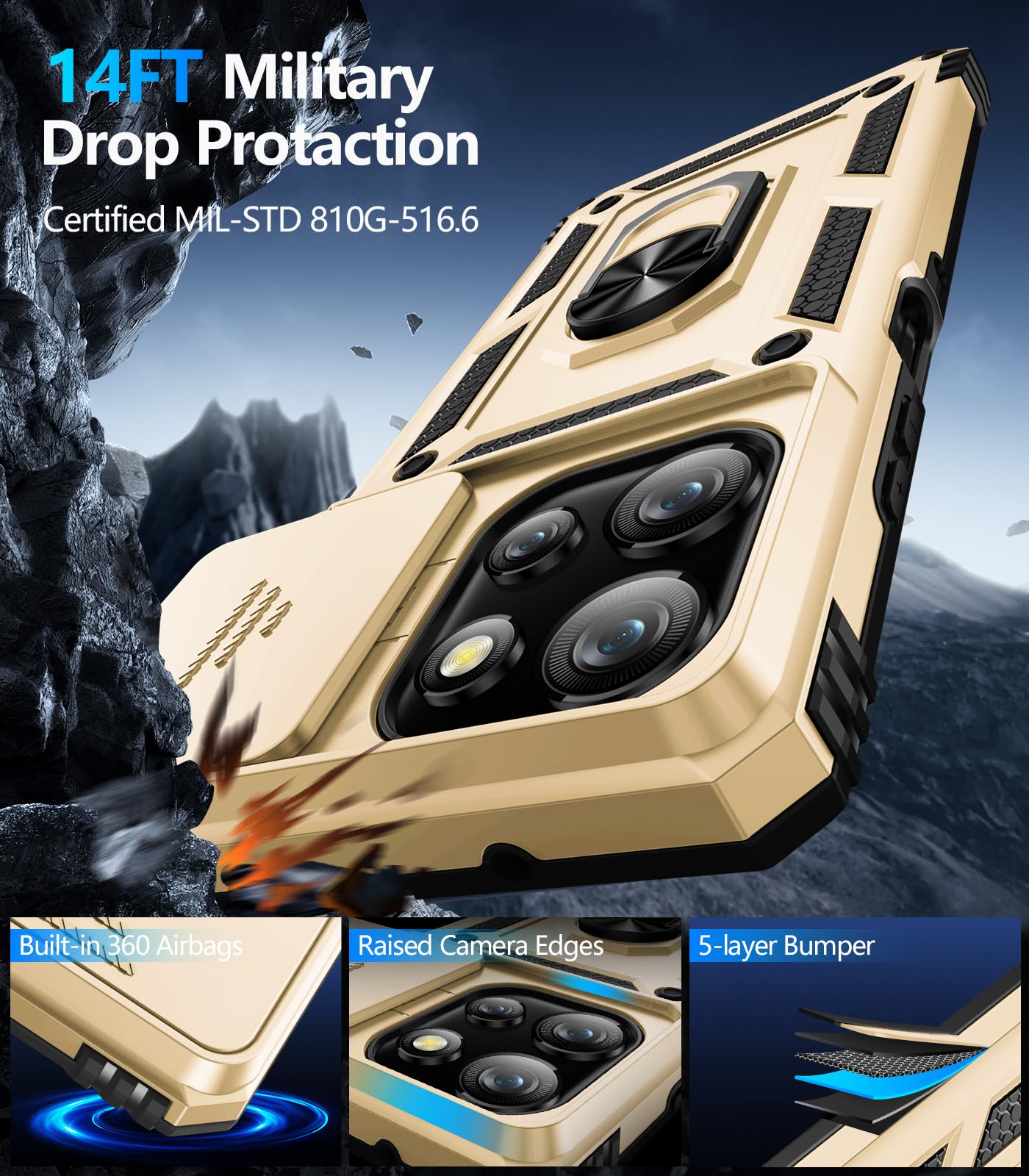 Samsung Galaxy S26 Ultra case with screen protector featuring 14FT Military Drop Protection and 360 Airbags.