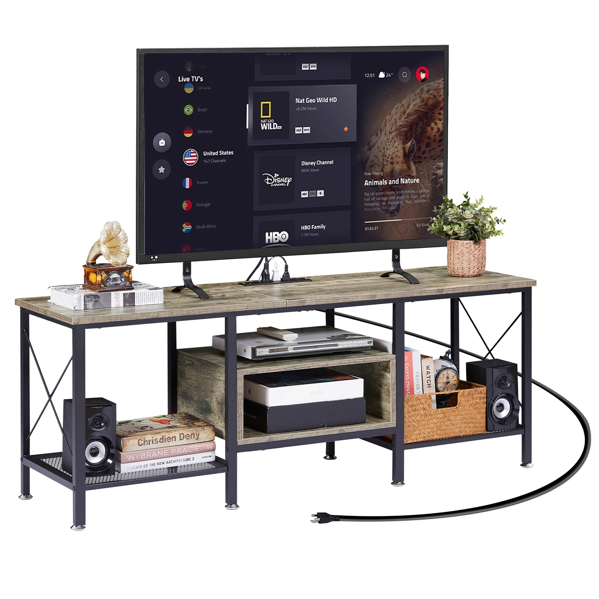 VECELO TV Stand with Power Outlets for 65 Inch Industria Media Entertainment Center with Charging Station, 3-Tier Open Shelves & Metal Frame for Living Room, Bedroom, 55 Inch, Brown