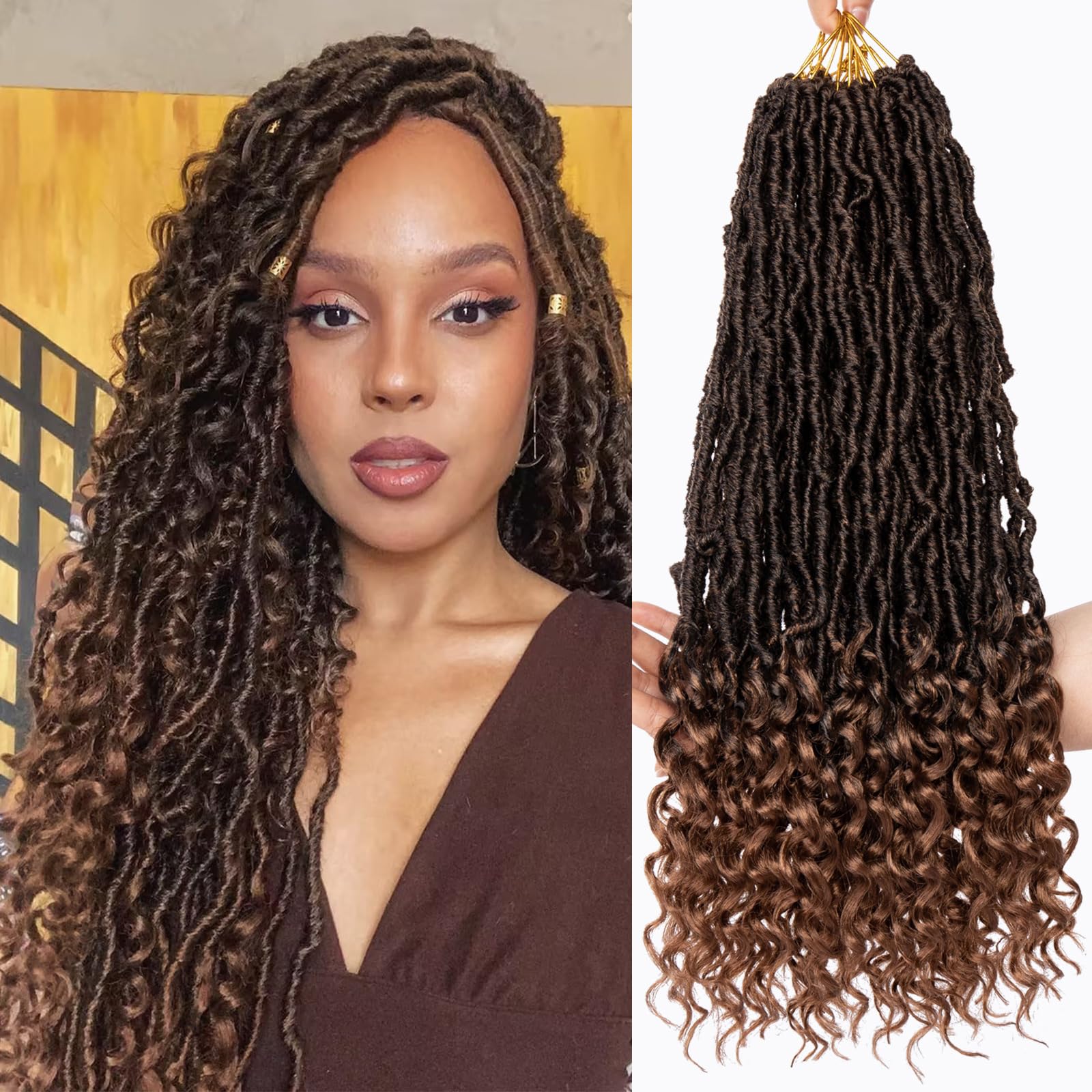 Leeven 7 Packs Faux Locs With Curly Ends 18 Inch Pre-looped Goddess Locs Crochet Hair 84 Strands Natural Black Crochet Bohemian Soft Locs Braiding Hair Extensions With Curls for Women 1B