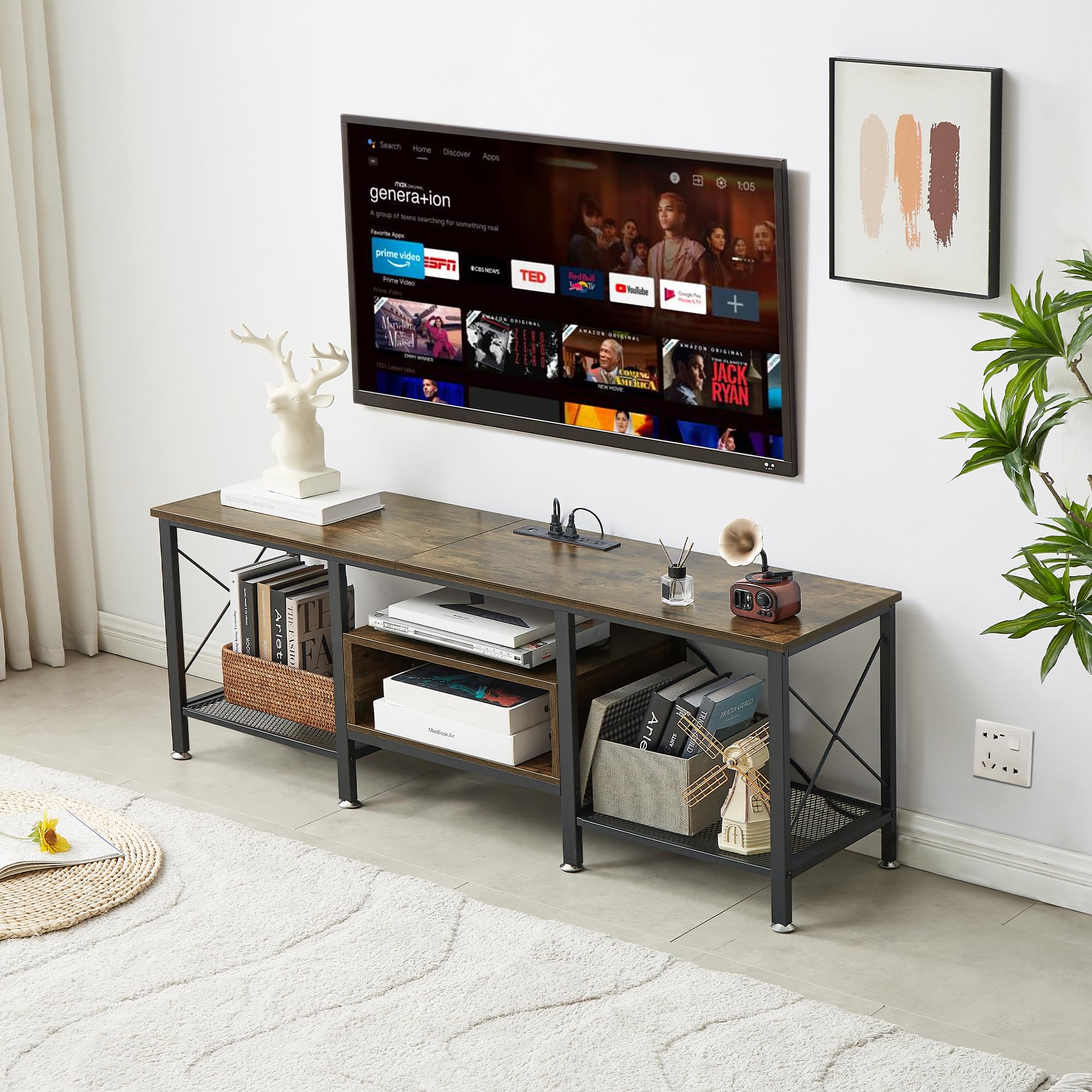 VECELO TV Stand with Power Outlets for 65 Inch Industria Media Entertainment Center with Charging Station, 3-Tier Open Shelves & Metal Frame for Living Room, Bedroom, 55 Inch, Brown