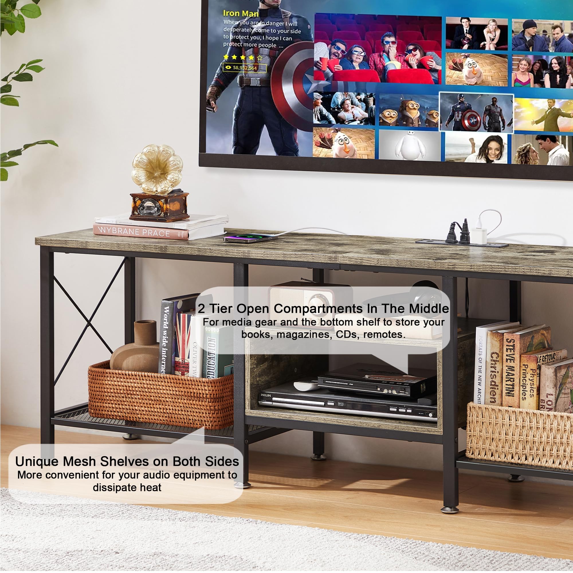 VECELO TV Stand with Power Outlets for 65 Inch Industria Media Entertainment Center with Charging Station, 3-Tier Open Shelves & Metal Frame for Living Room, Bedroom, 55 Inch, Brown