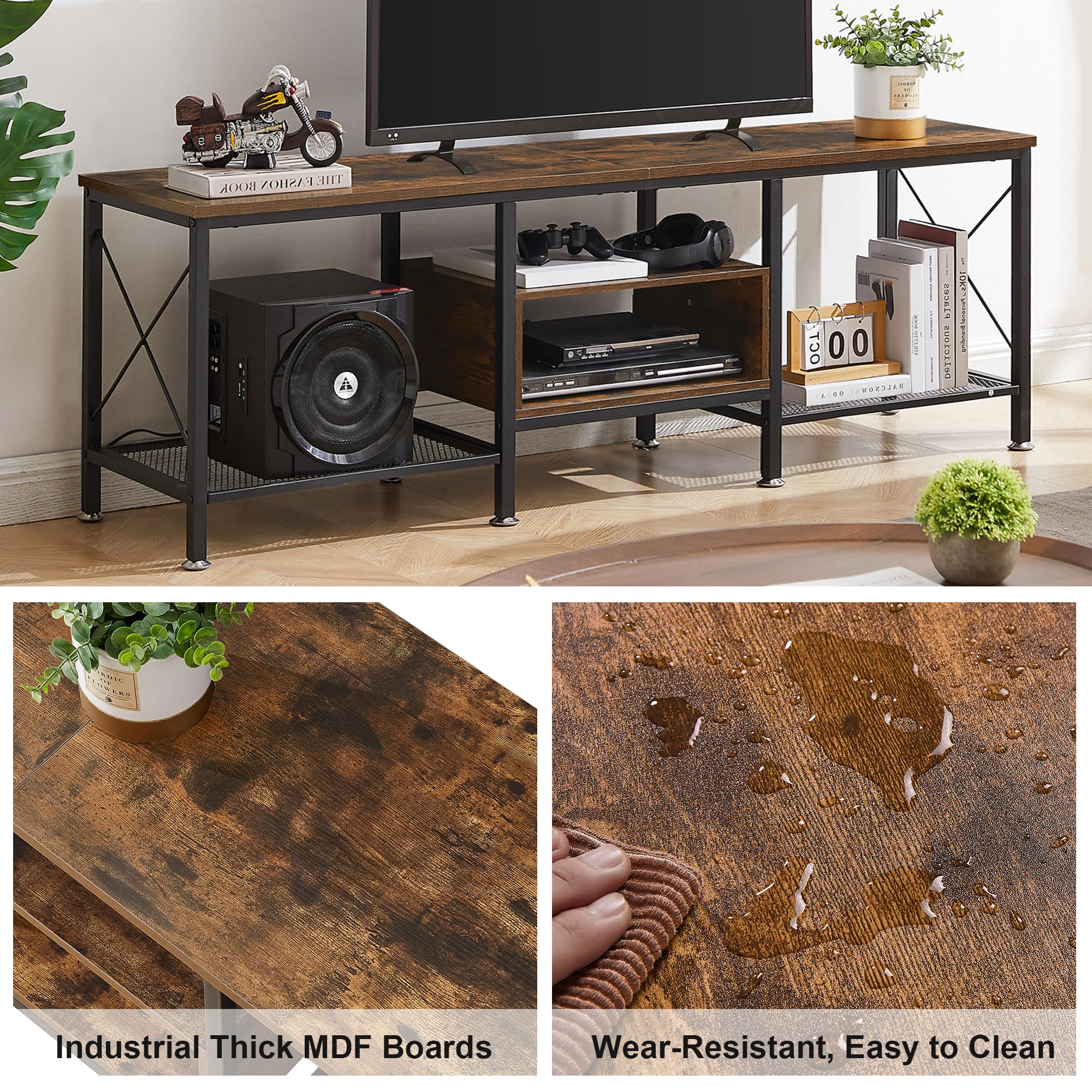 VECELO TV Stand with Power Outlets for 65 Inch Industria Media Entertainment Center with Charging Station, 3-Tier Open Shelves & Metal Frame for Living Room, Bedroom, 55 Inch, Brown