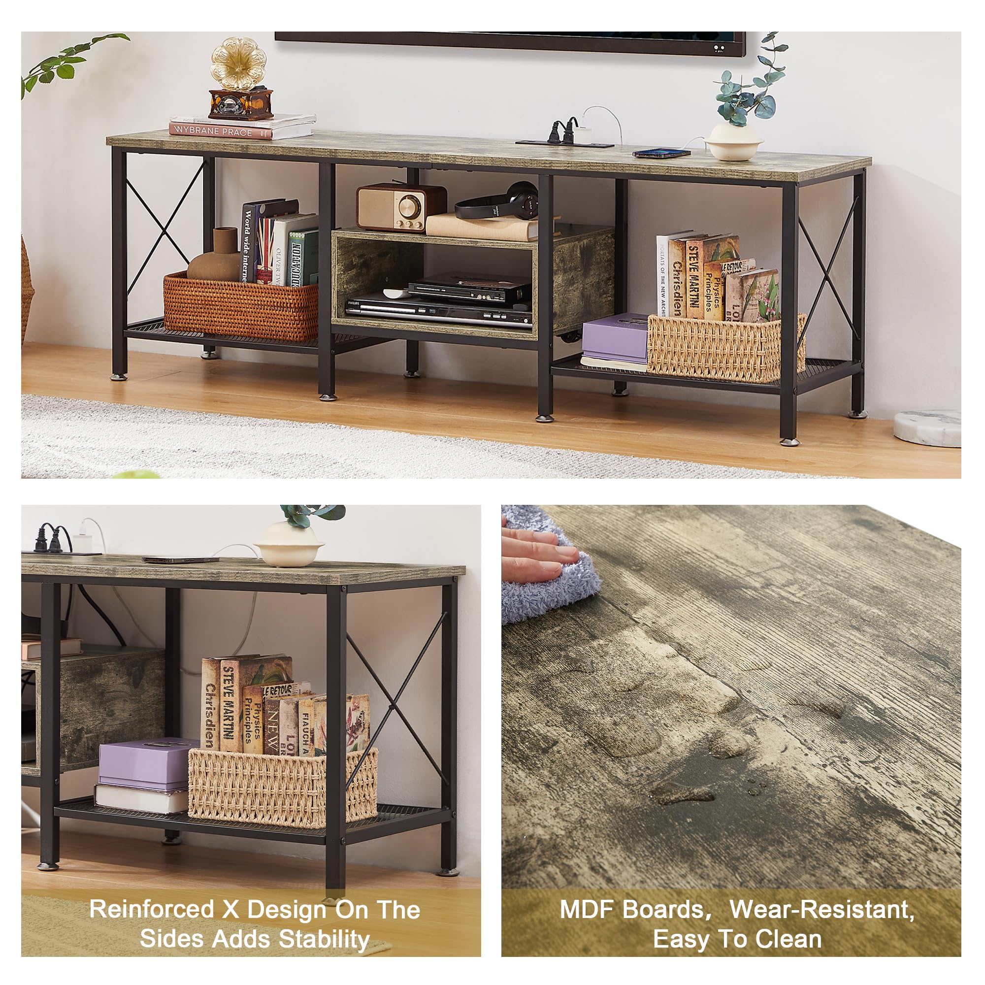 VECELO TV Stand with Power Outlets for 65 Inch Industria Media Entertainment Center with Charging Station, 3-Tier Open Shelves & Metal Frame for Living Room, Bedroom, 55 Inch, Brown