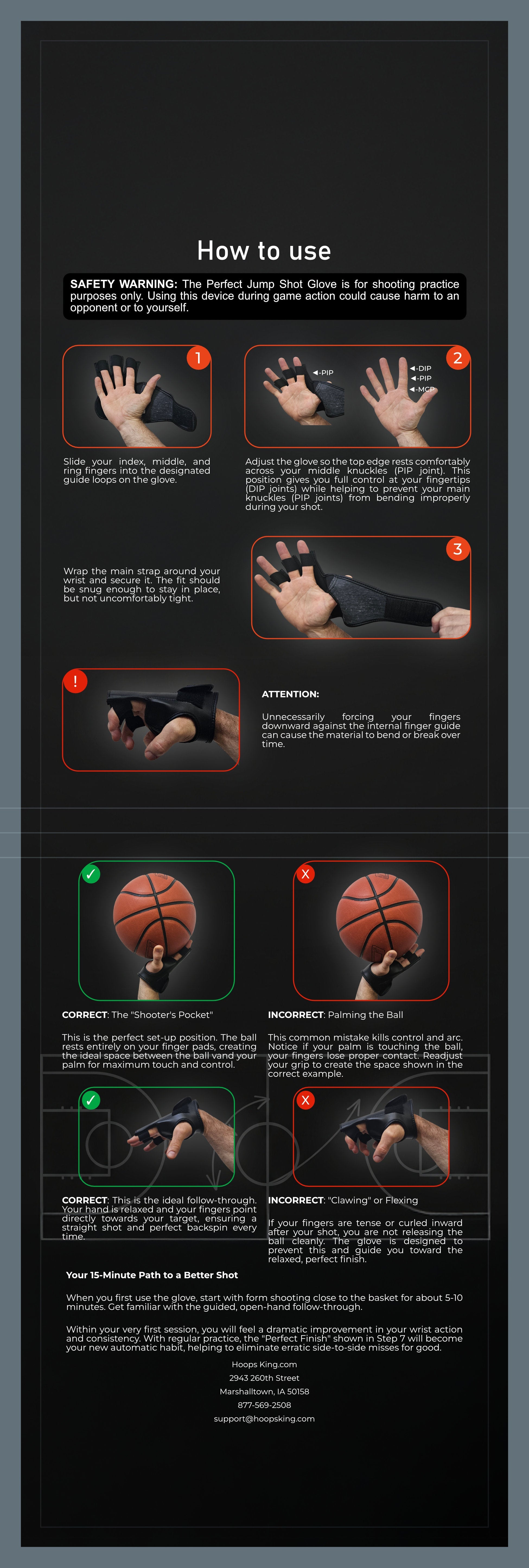 Instructional image for Perfect Jump Shot Glove, showing usage steps and correct hand positioning for basketball shooting.
