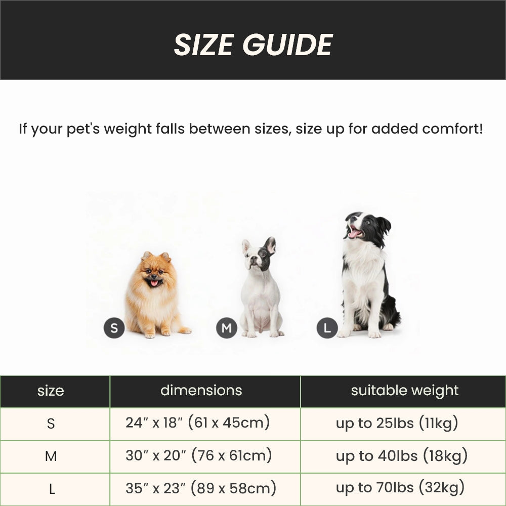 Self-warming pet mat size guide with dimensions and weight limits for small, medium, and large pets.