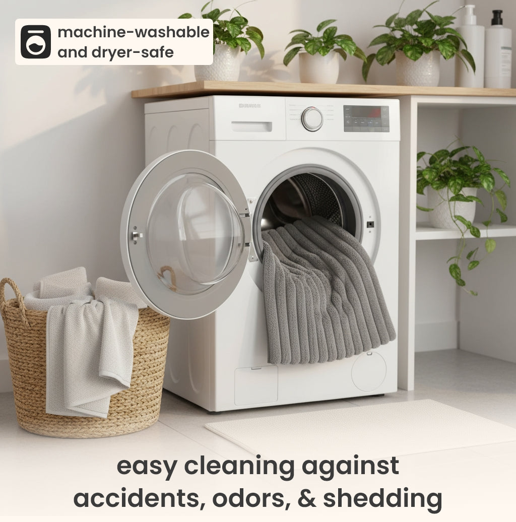 Self-warming pet mat leaning against an open washing machine, showcasing easy cleaning features with a cozy, textured design.